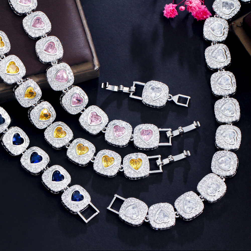 Women Lovely Silver Plated Pink Heart Cubic Zirconia Big Tennis Bracelet Wedding