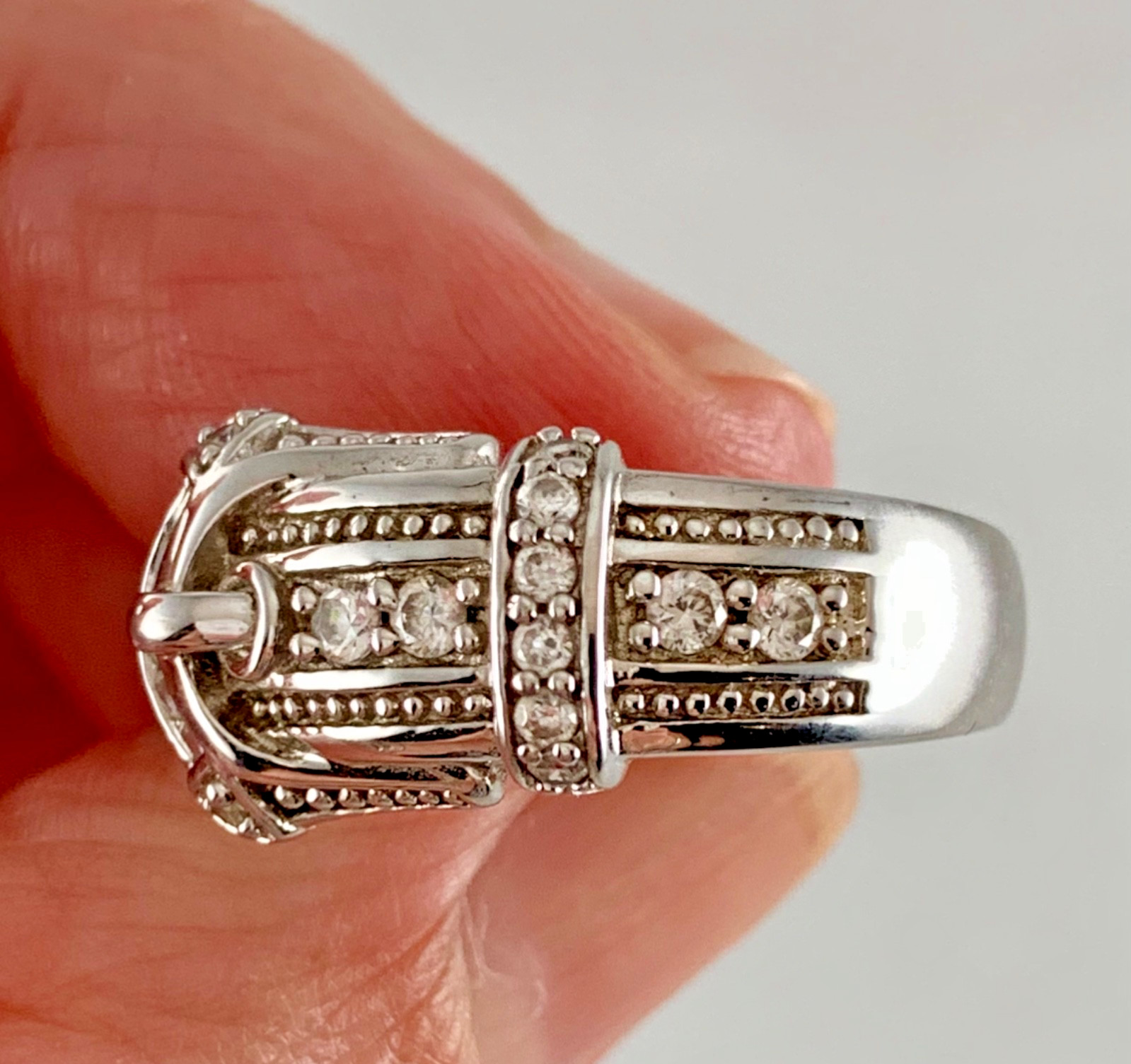 Victoria Wieck Solid Sterling CZ Buckle Ring Sz. 6.75”
