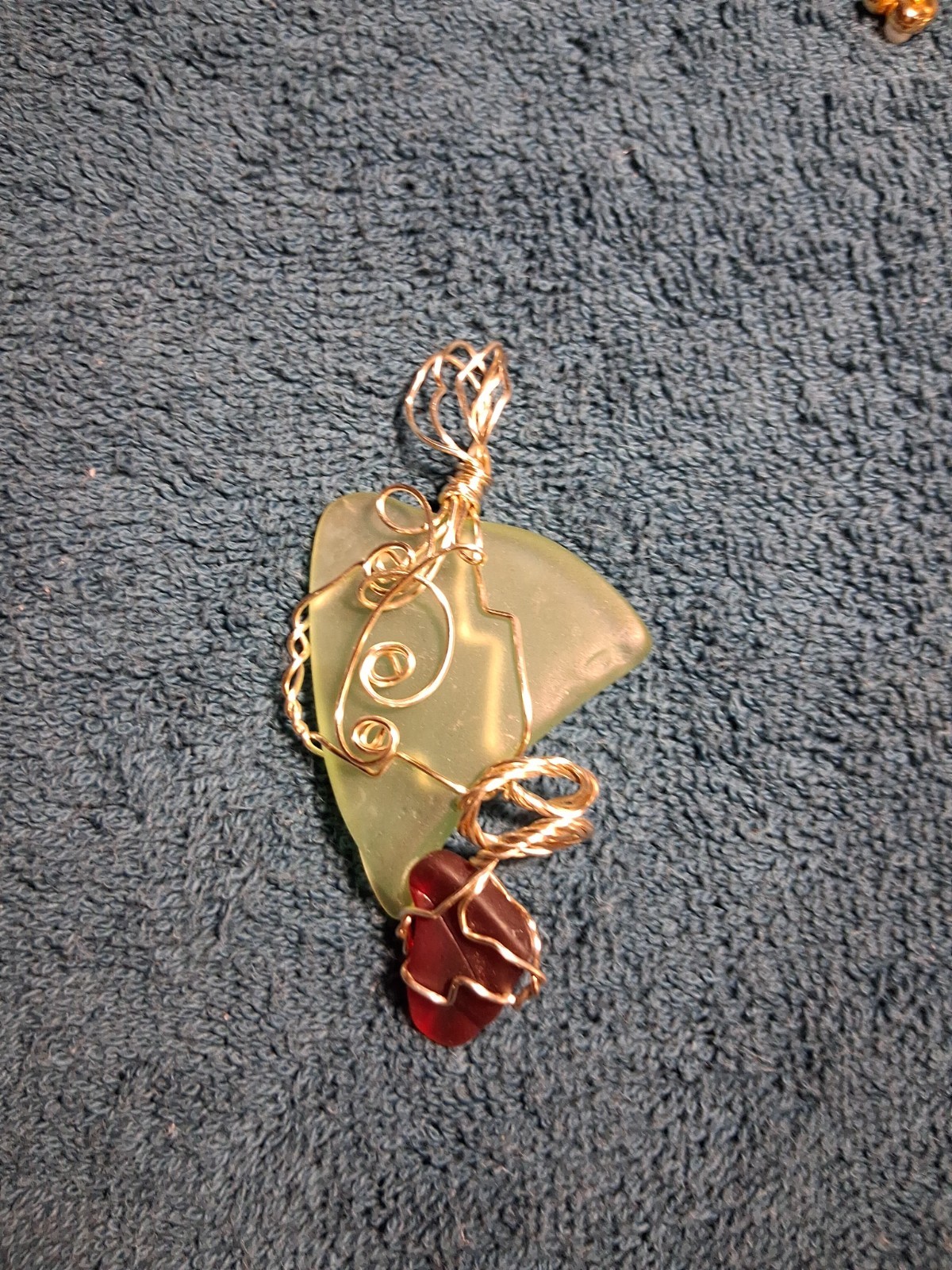 Silver Wire Wrapped Sea Beach Glass Pale Green Beaded Pendant Cg 88