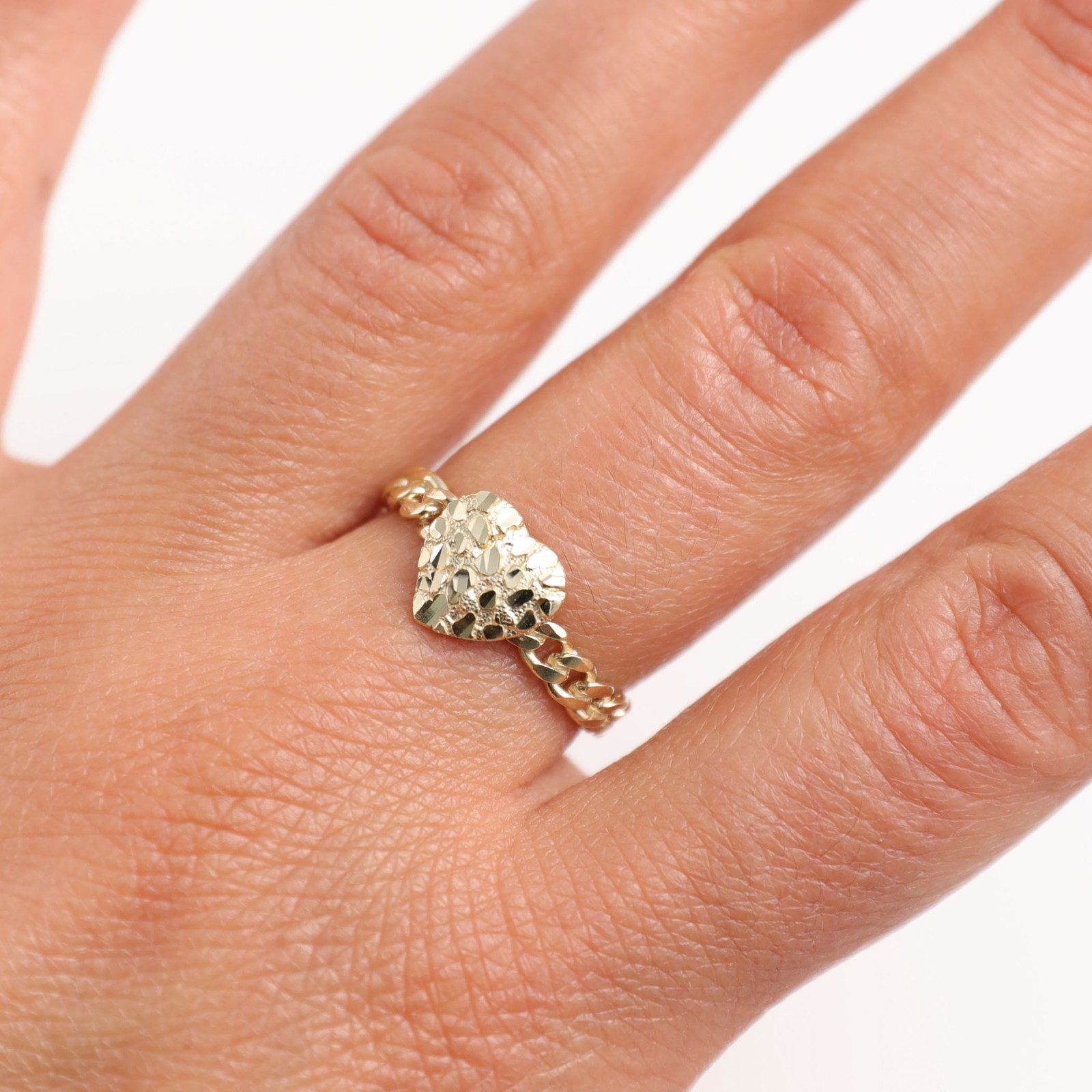 Solid 10K Gold Nugget Heart Ring with Curb Link Band Yellow Gold All Sizes