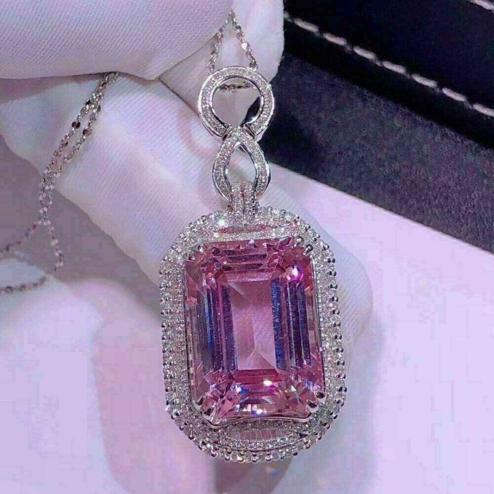 3Ct Emerald Cut Pink Sapphire Women’s Pendant 14K White Gold Over Free Chain