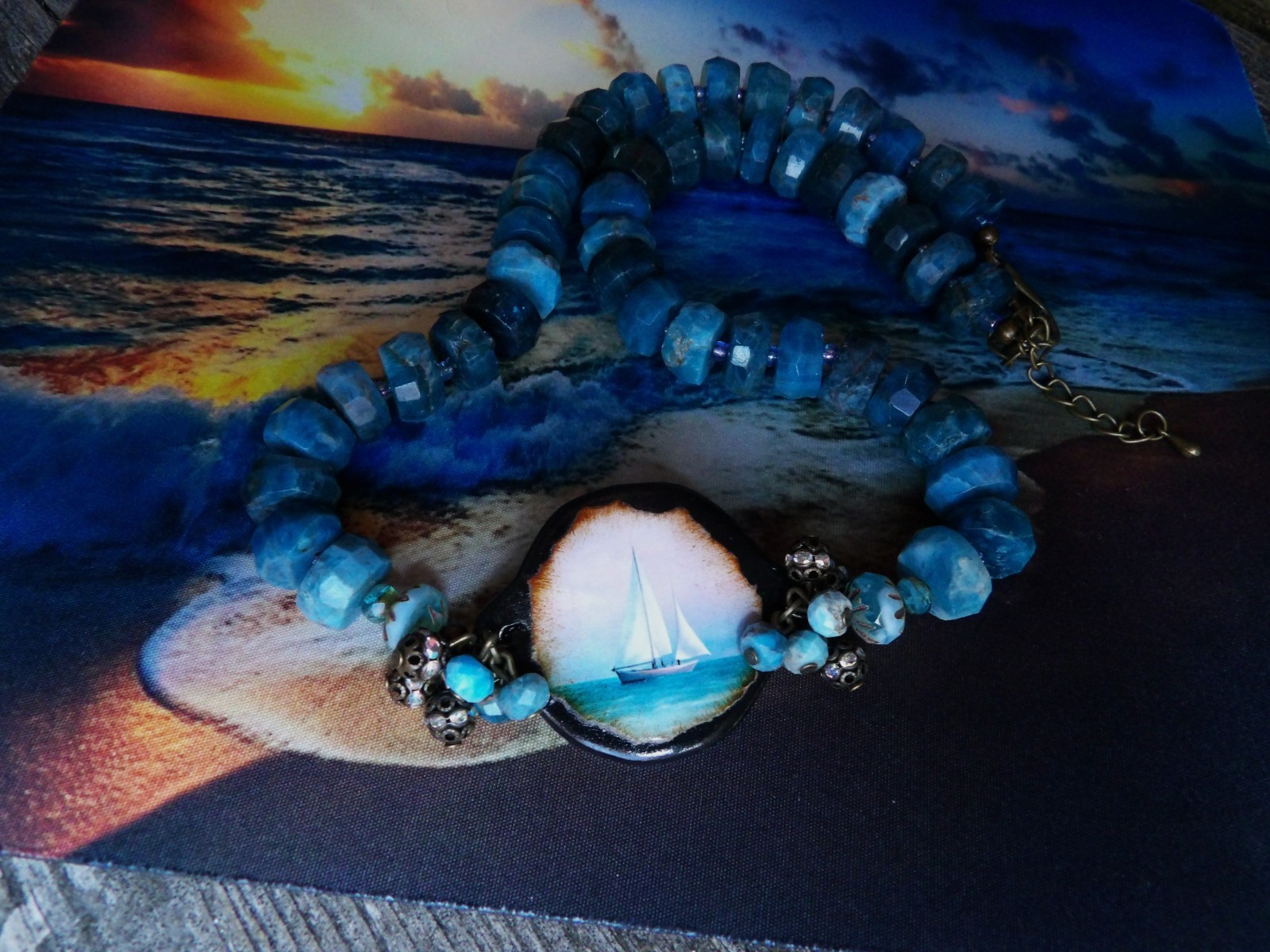 Necklace, Ocean, Apatite Beads, Sailboat, Beach, One of a Kind