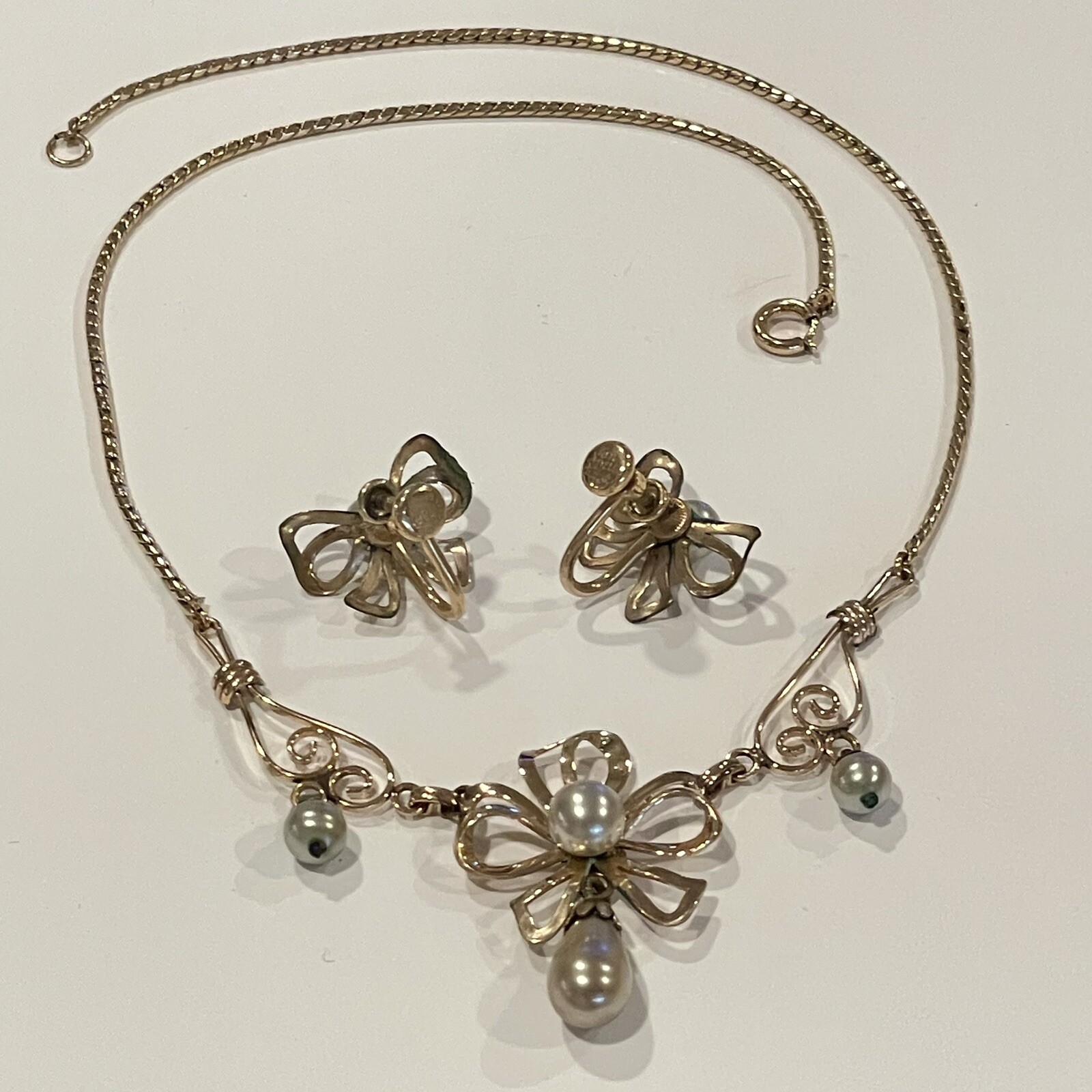 Vintage Van Dell 12k Gold Filled Bow Necklace And Earrings Set Pearls