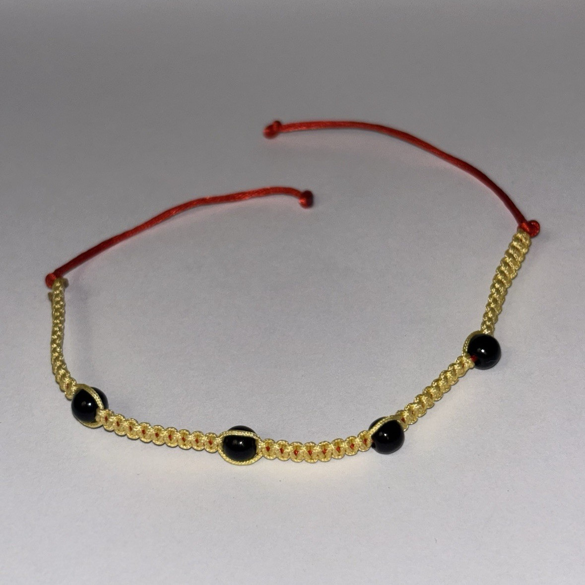 Yellow Red Adjustable Braided Cord Bracelet, Black Round Plastic Beads, Handmade