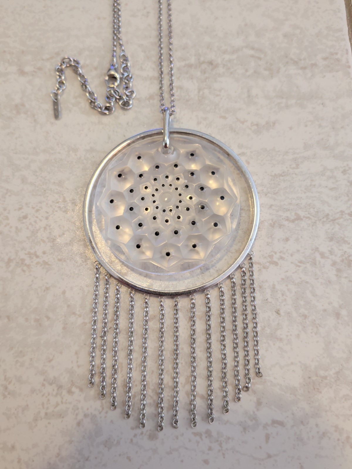 Lalique Cactus Frosted Crystal Black Enamel 925 Sterling Silver Pendant Necklace