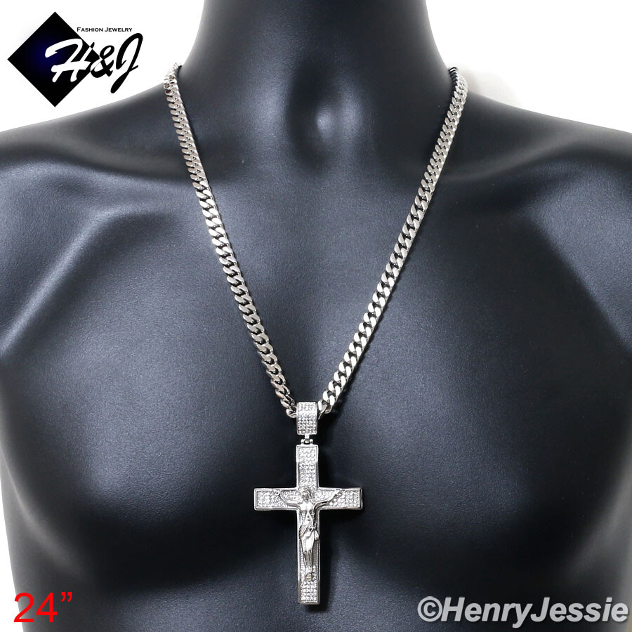 18″-40″Stainless Steel 7mm Silver/Gold Plated Cuban Chain CZ Cross Pendant*P142