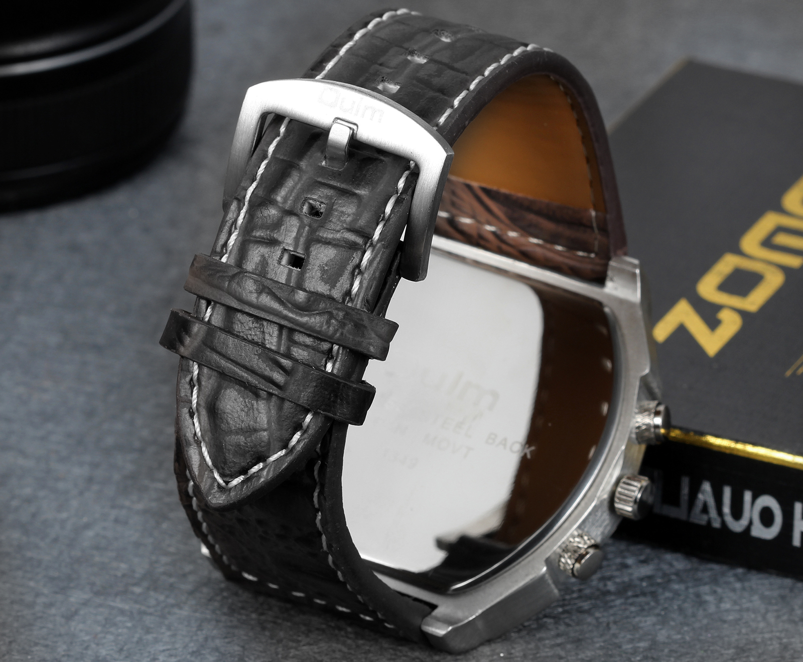 Men’s Sport Army Multi-functional 2 Time Zones Dial Leather Quartz Wrist Watch