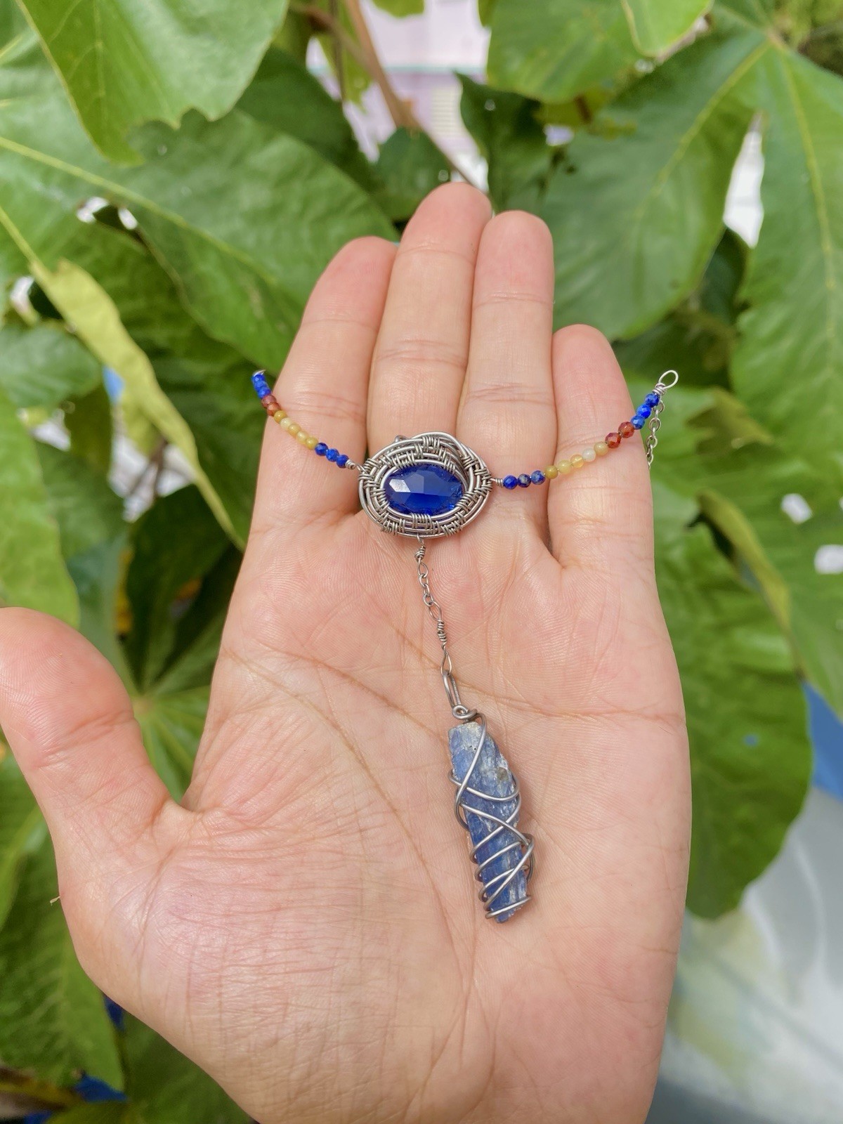 Handcrafted Wire Wrapped Blue Tanzanite Oval Pendant Beaded Necklace Steel Chain