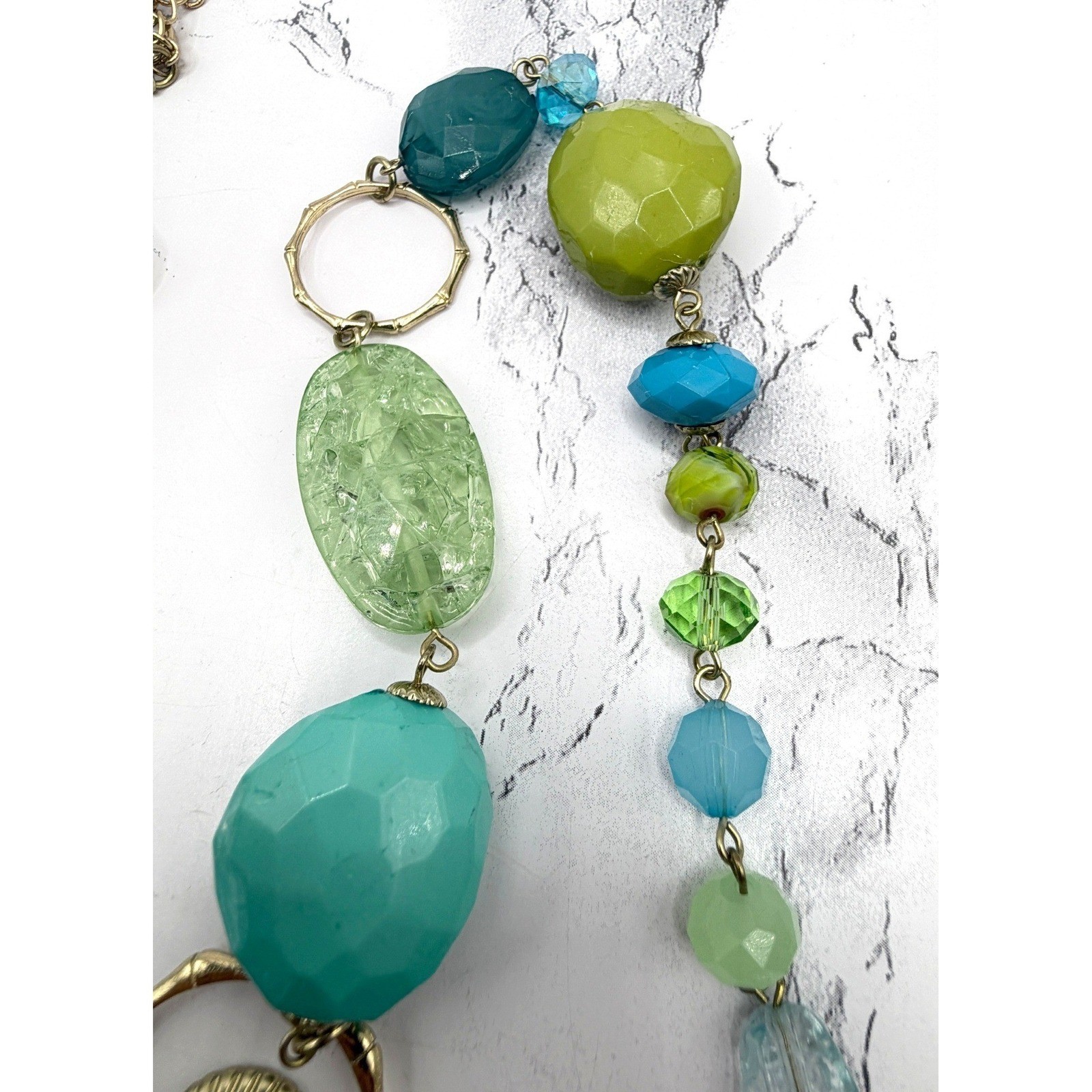 Chico’s Boho Chunky Beaded Statement Necklace Aqua Lime Gold 40″