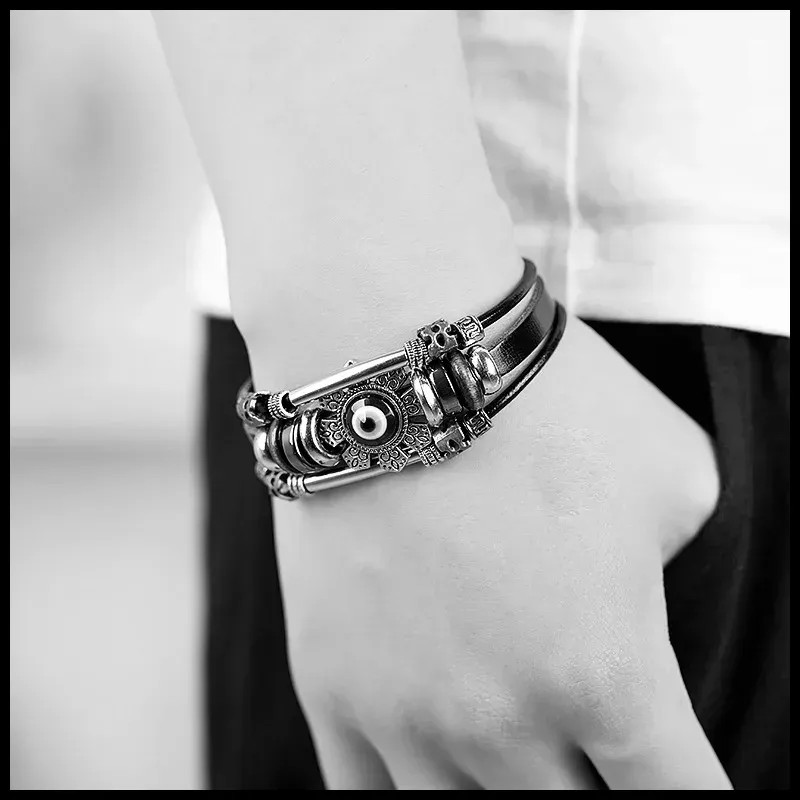 Punk Turkish Evil Eye Stainless Steel Bend Multilayer Leather Bracelet Man Woman