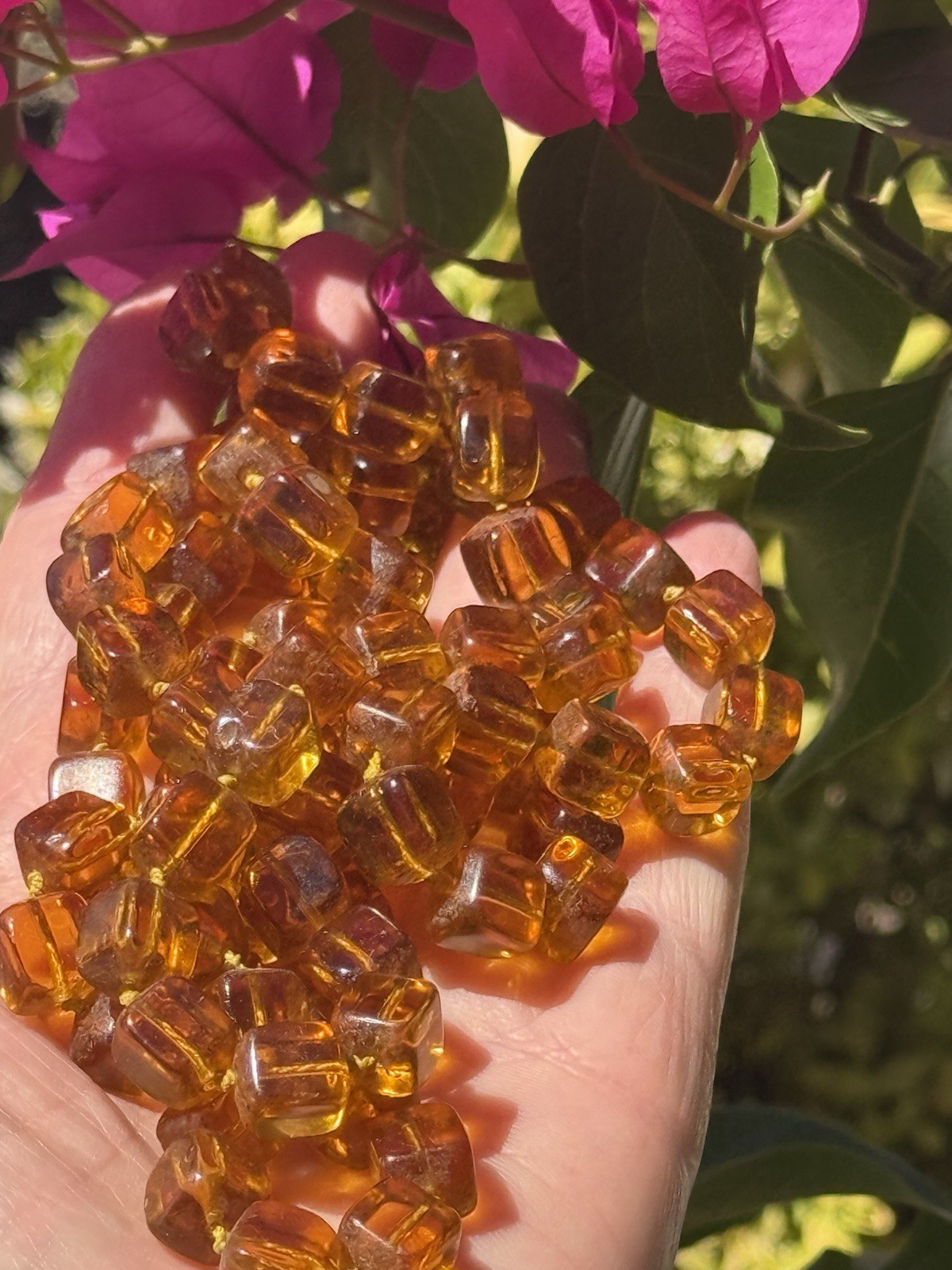 Vintage Golden Honey Cubed Glass Beads All Knotted Necklace 44″ L