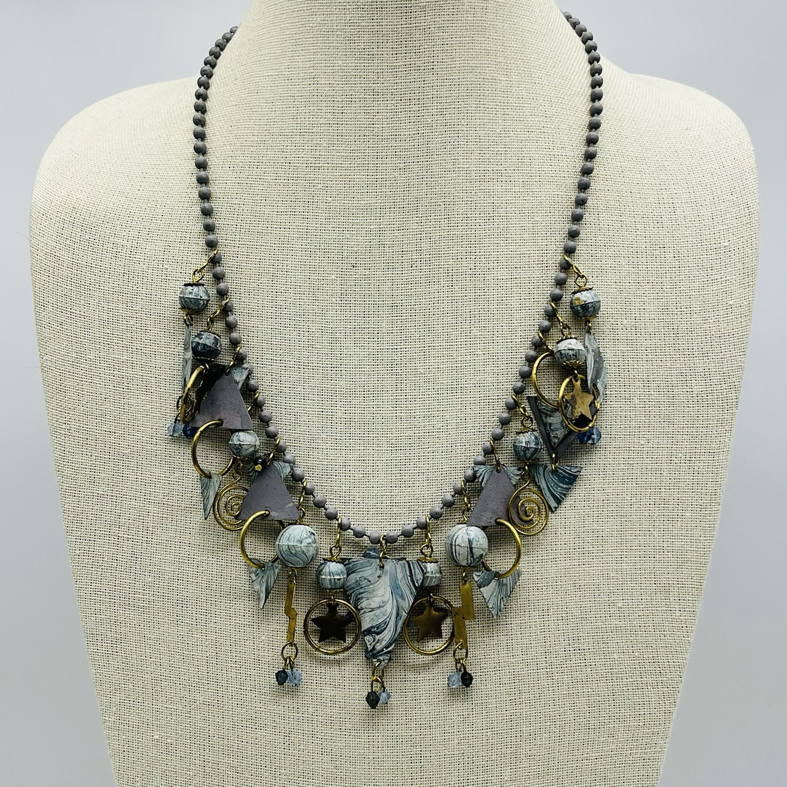 Charm Necklace Boho Artisan Mixed Media Brass Polymer Clay Beads 24″