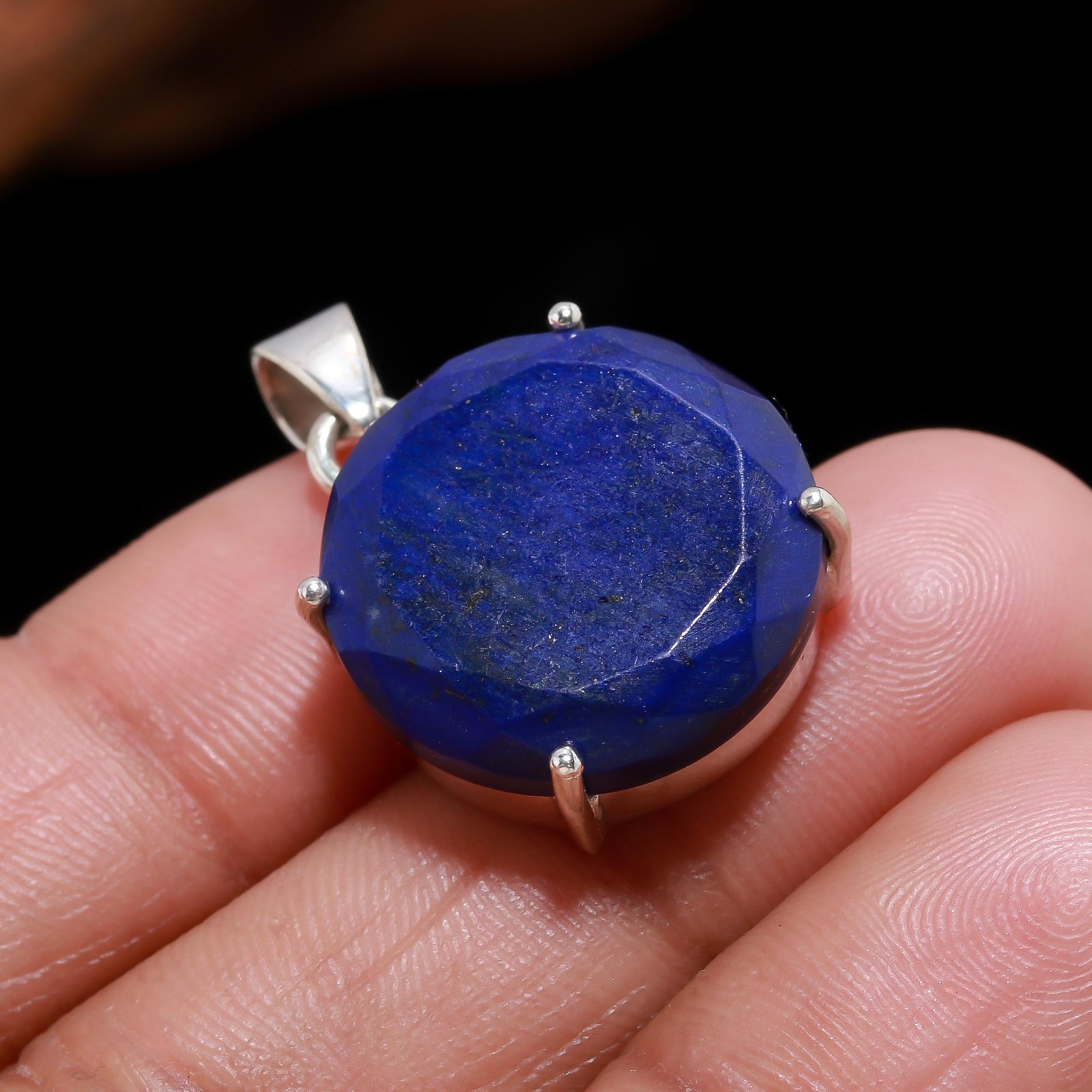 Natural Lapis Lazuli Round Chain Pendant 925 Sterling Silver Handmade Jewelry