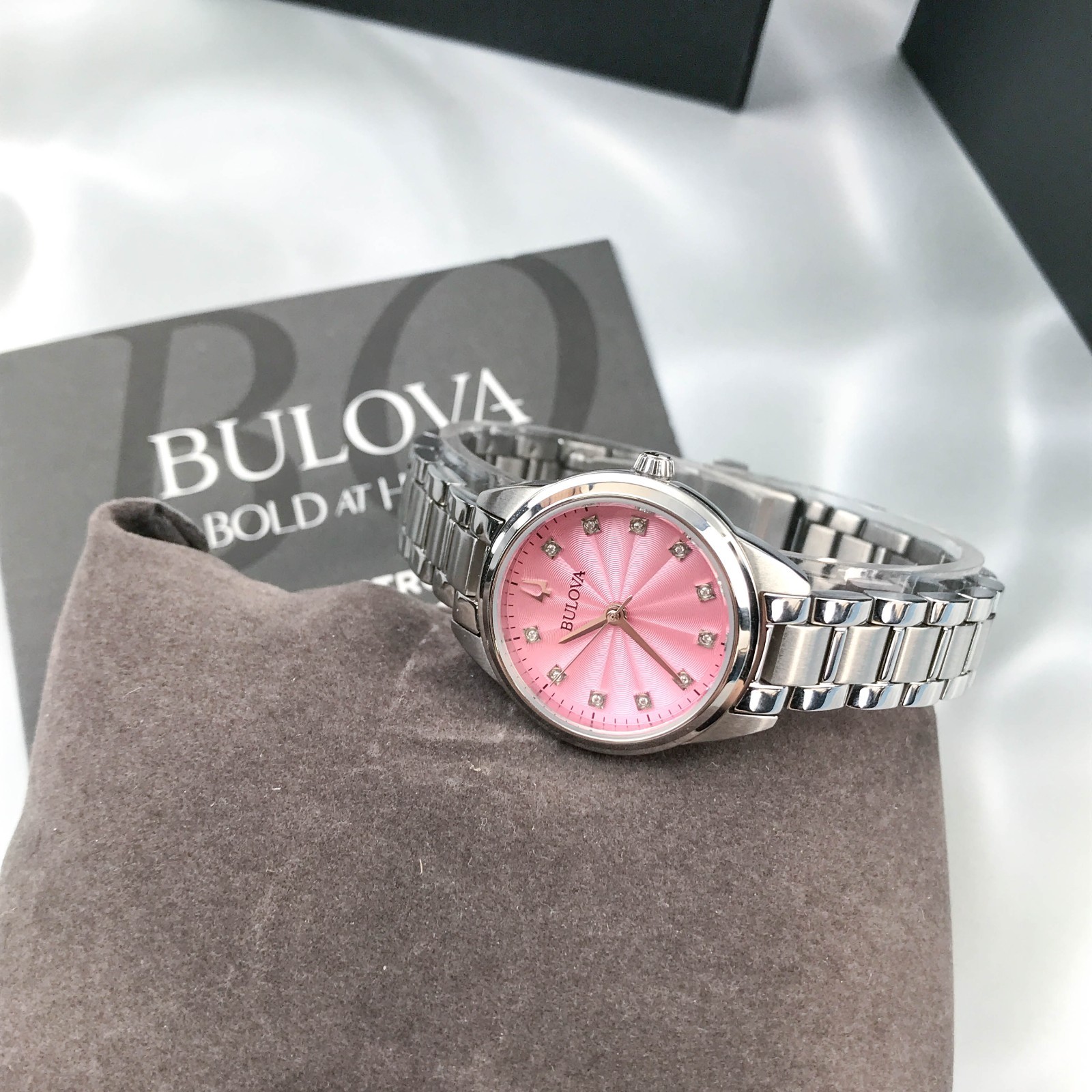 Bulova Classic 96P249 Sutton 11 Diamonds Pink Dial Women’s Quartz Watch 28mm New