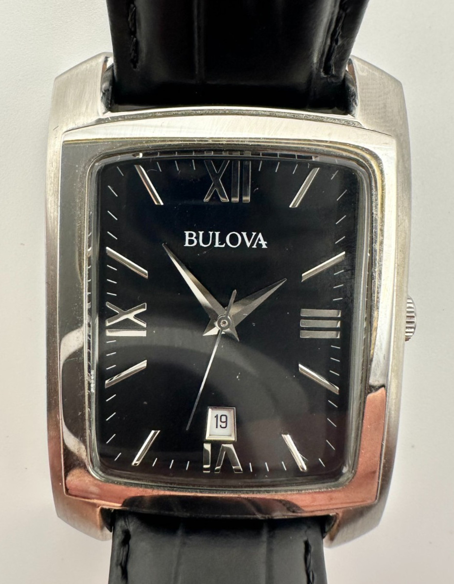 BULOVA Quartz Tank, 31mm Silver-Tone/Black Leather Band, Ref. 96B269; Fast Ship!