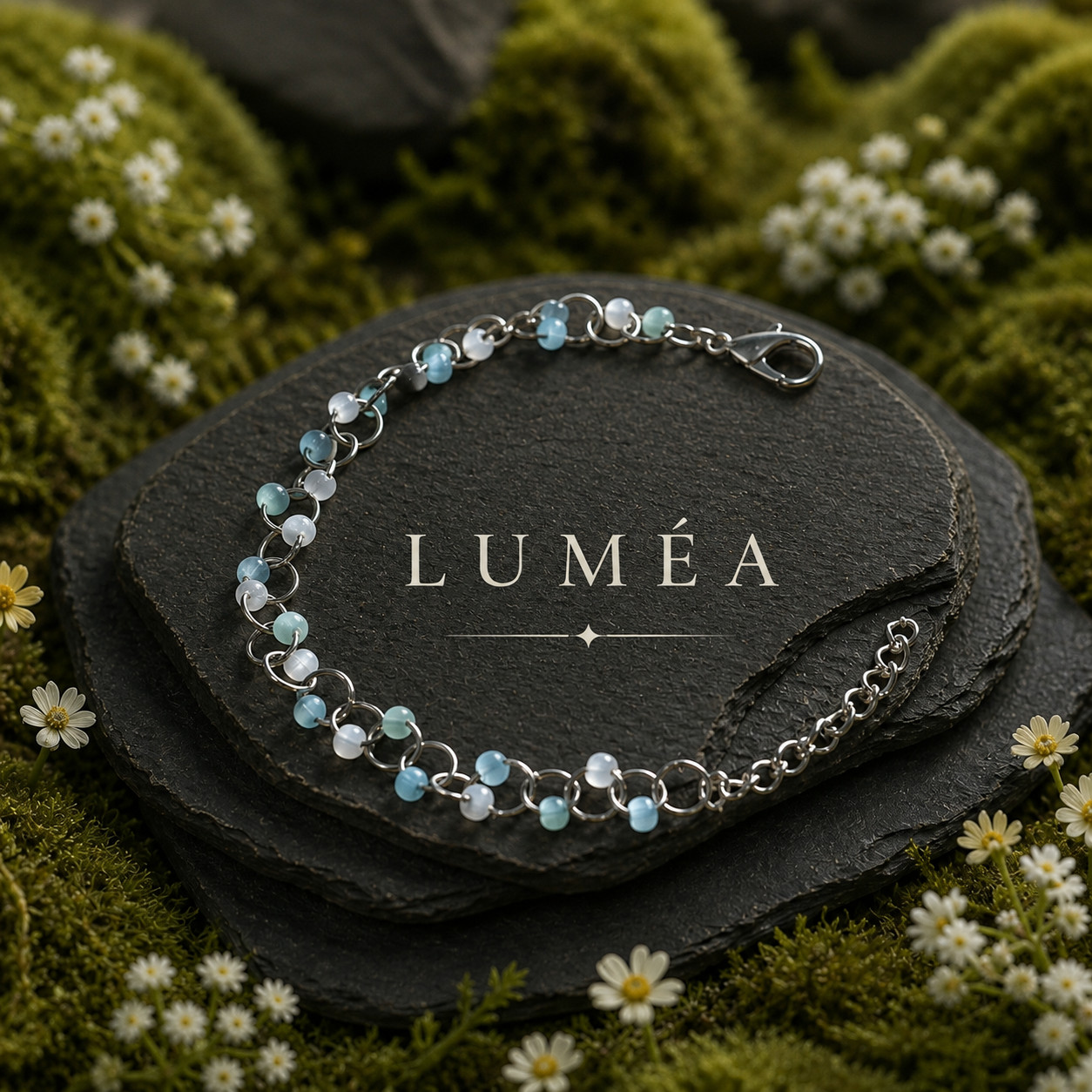 LUMÉA Handmade Cat Eye Glass Bead Bracelet – Aqua Mint & Moon Pearl White