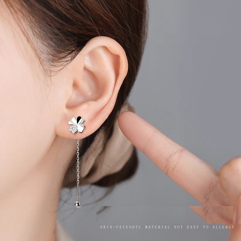 Silver Clover CZ Dangle Pull Through Threader Screw Stud Earrings AJ