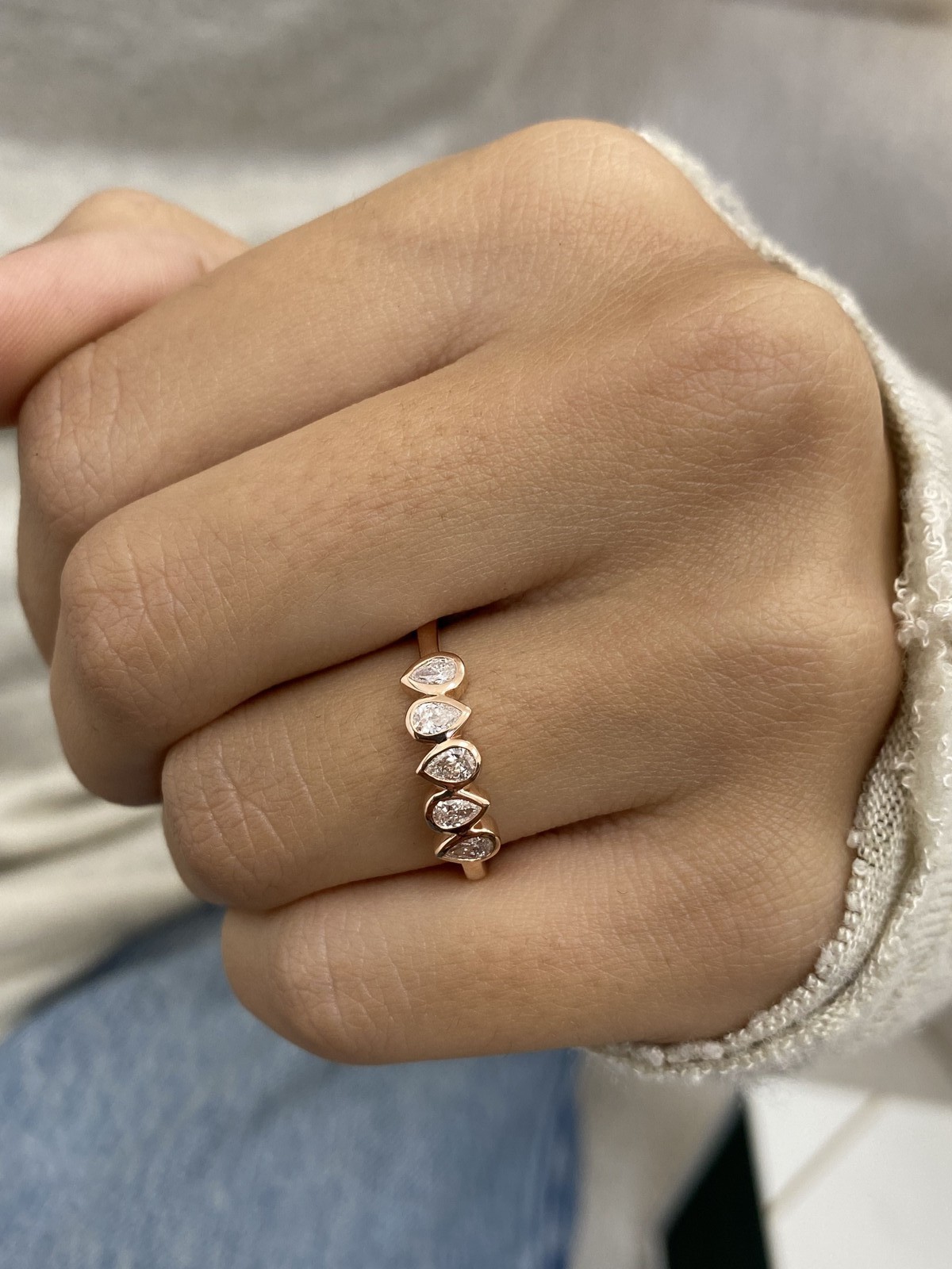 14k Rose Gold 5 Stone Ring Lab Created Diamond Pear Cut F/VS Cluster 0.3 Ct