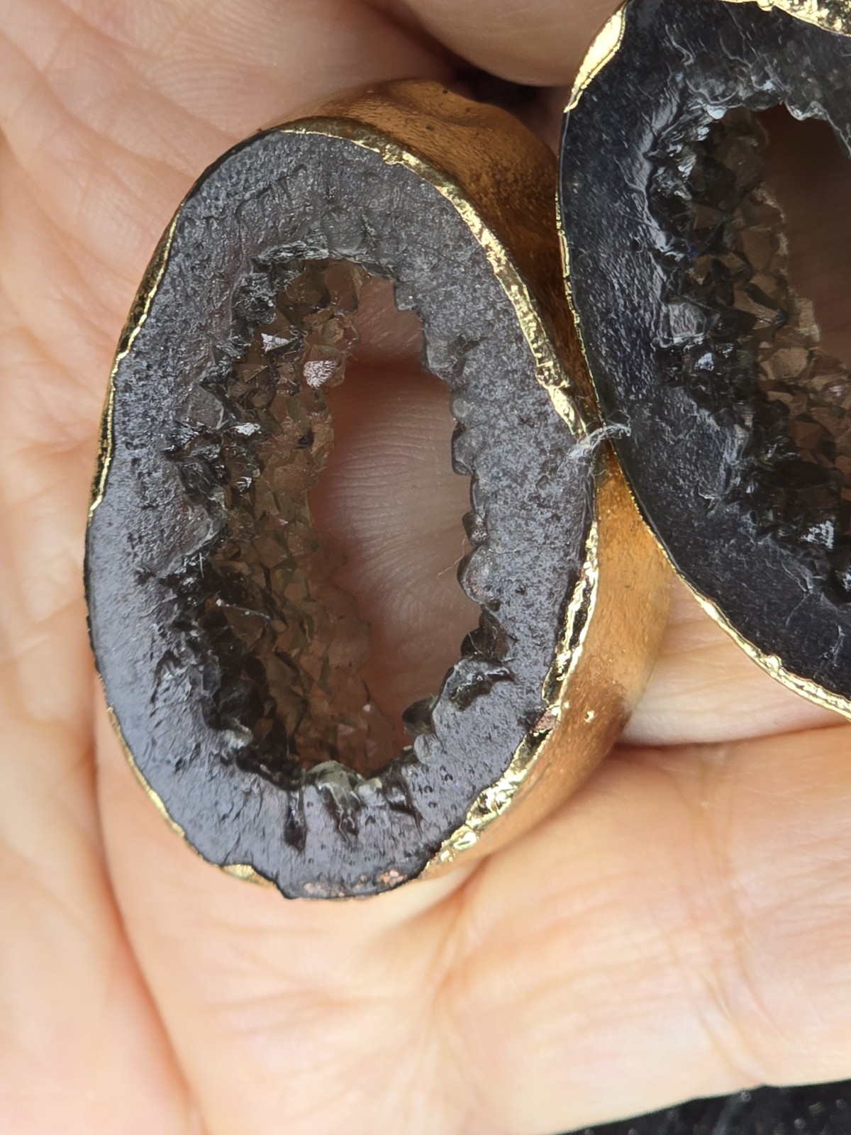 Geode Druzy Statement Earrings Gold Tone Black Crystal Slice Jewelry #262