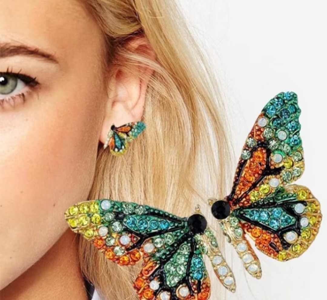Colorful Rhinestone Butterfly Wing Earrings Gorgeous Bohemian Style Stud Earring