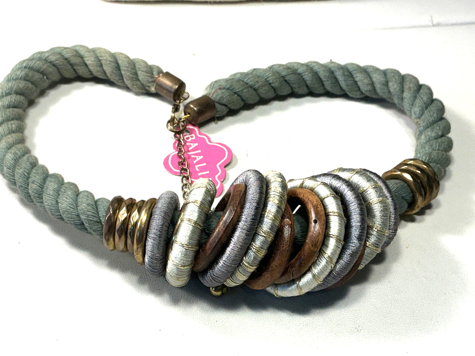 Fashion Necklace Dusty Blue Twist Rope Silk Wrap Coconut Rings INdia? Lot 82C