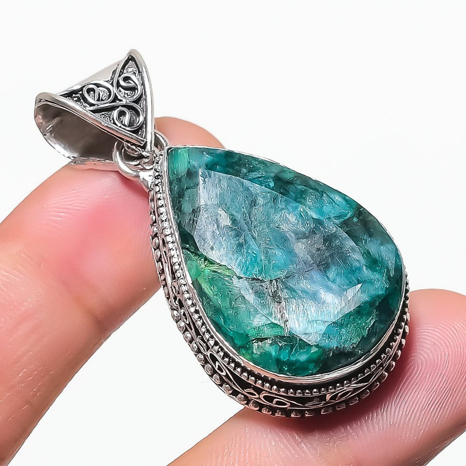 Faceted Zambian Emrald Gemstone 925 Sterling Silver Pear Vintage Pendant 2.1″ N7