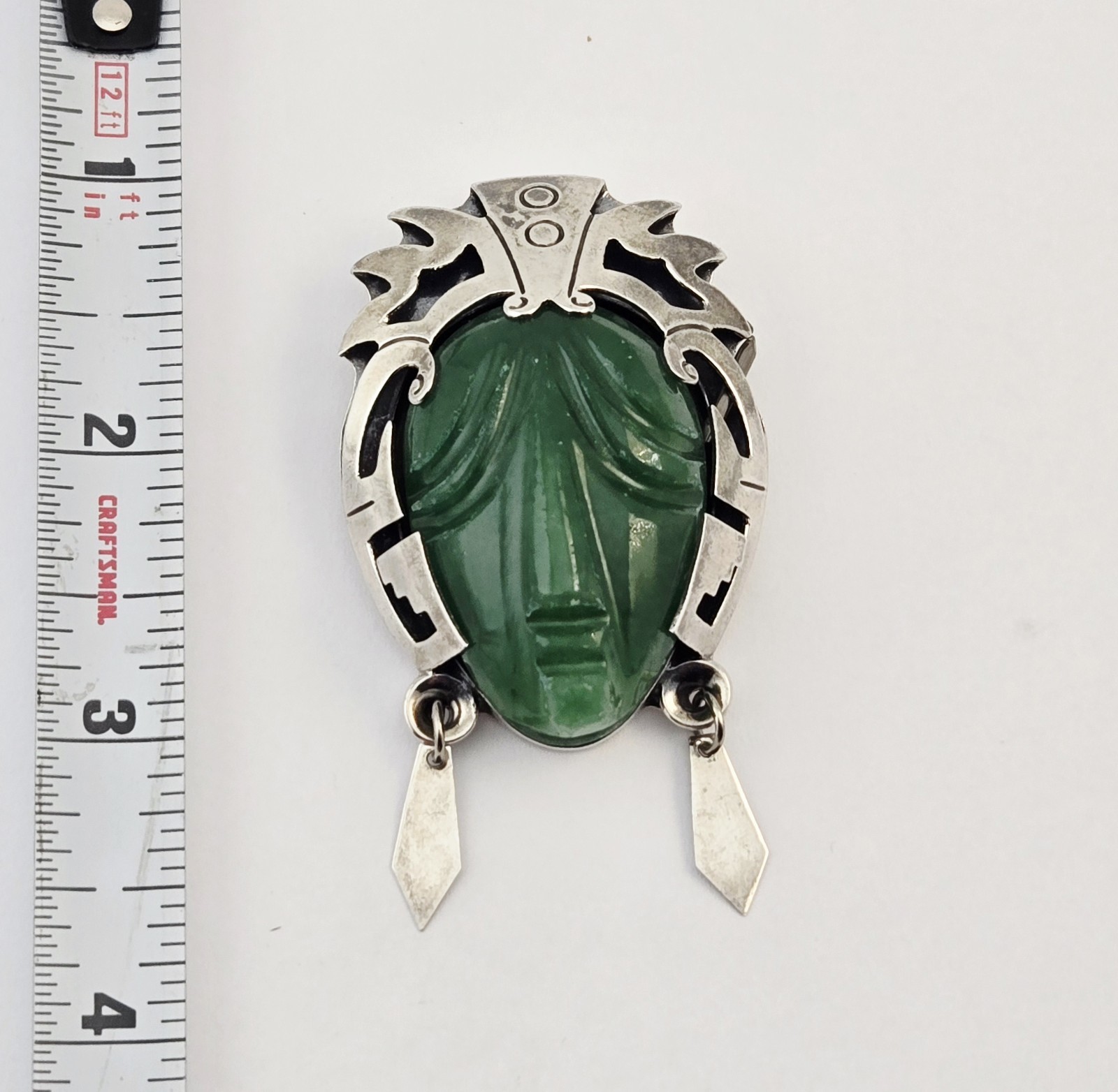 Vintage Taxco 925 Sterling Silver Carved Green Stone Mask Brooch Pin – 36.3g