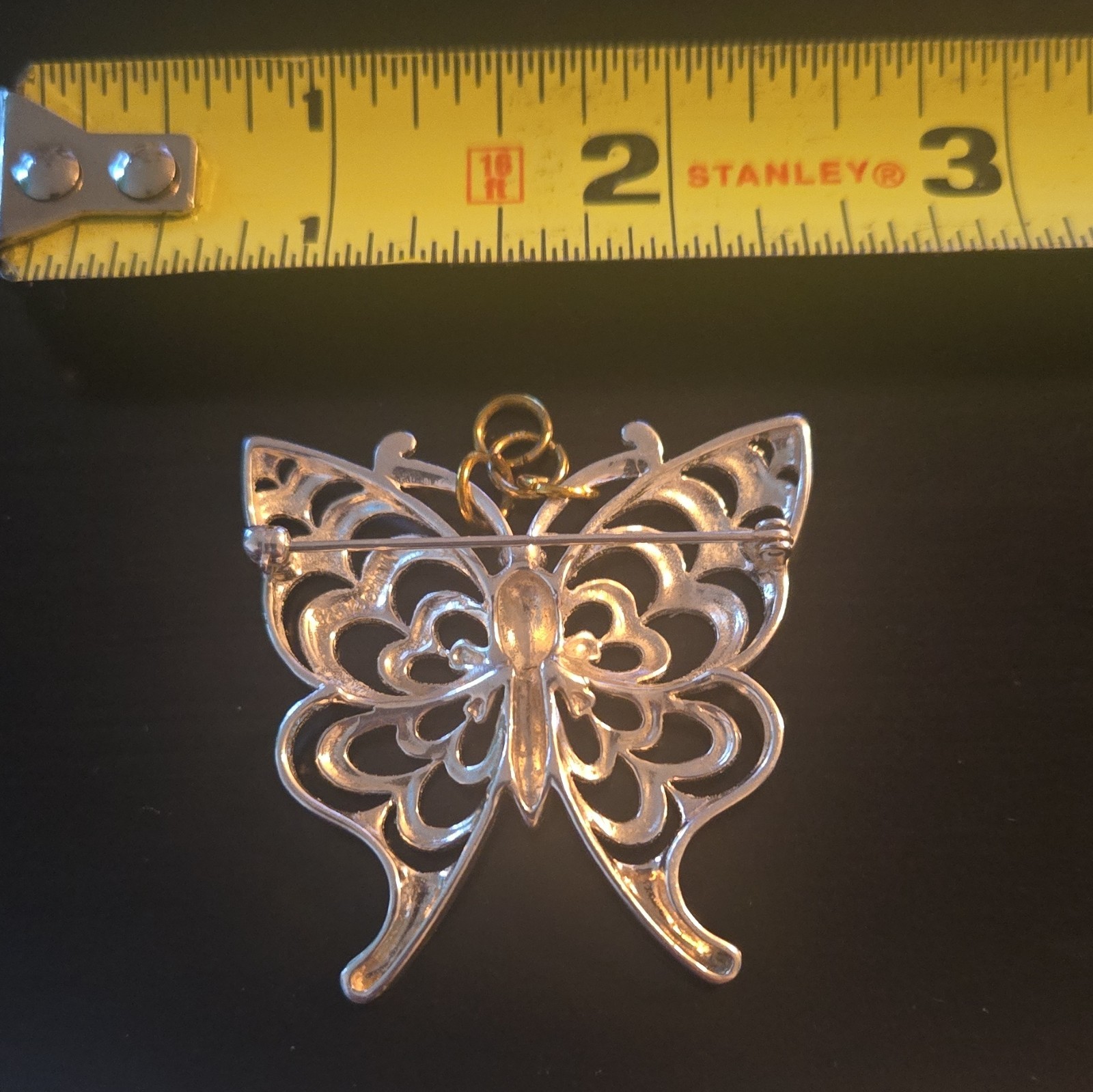 Silver Tone Butterfly Dangle Brooch Pin, Metal, No Stone, 2 in