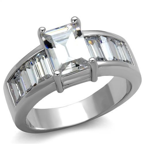 Women’s Ring, Clear CZ, Rhodium Plated, Brass, Sparkling, Elegant, Emerald Cut
