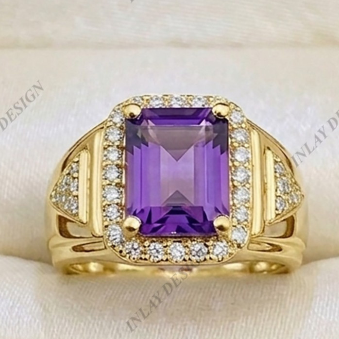 Men’s 925 Silver Signet Ring Purple Natural Amethyst Emerald Cut Shape Gemstone