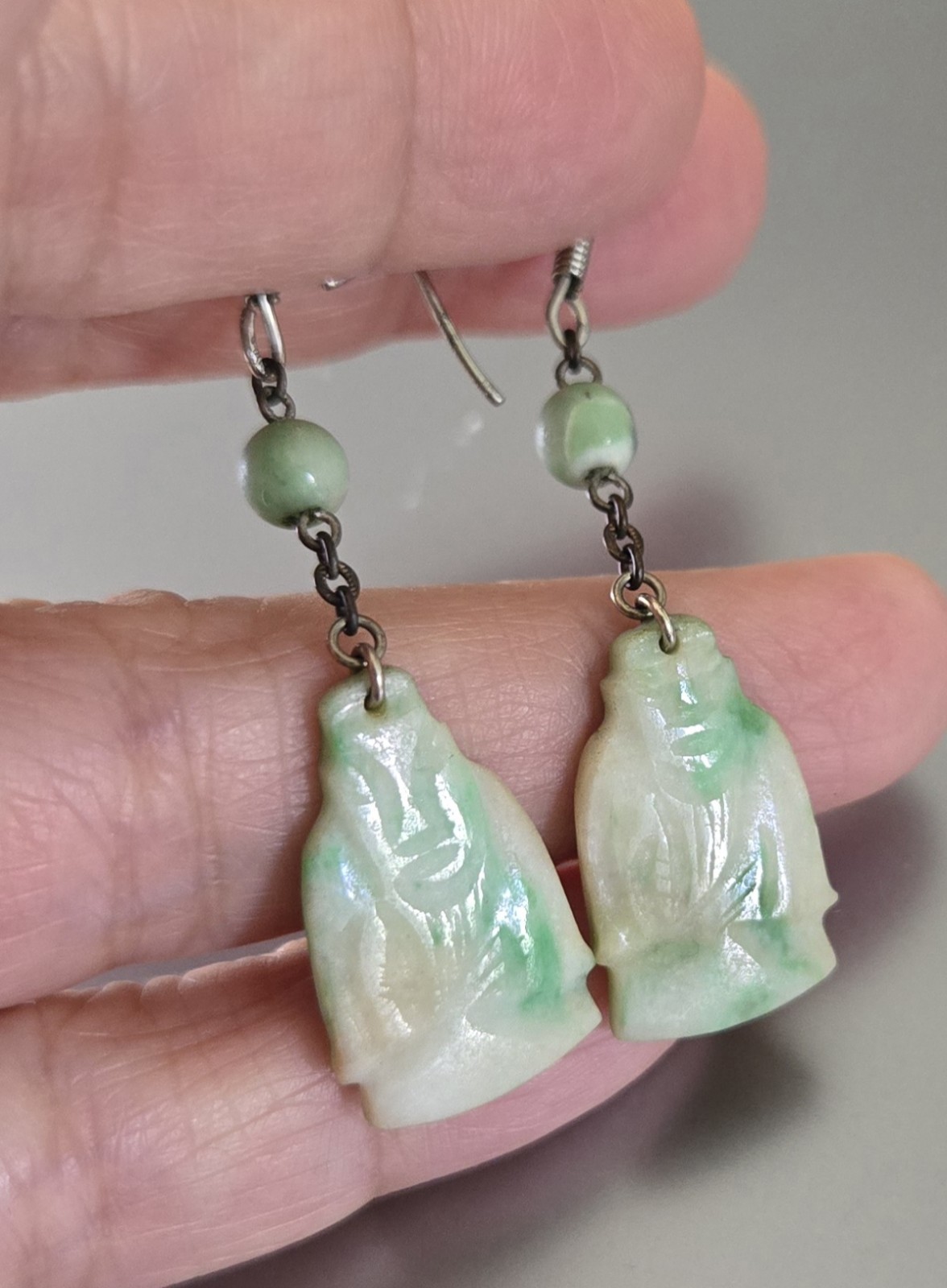 Antique Old Chinese Carved Jade figural Buddha Dangle Earrings Silver Wire