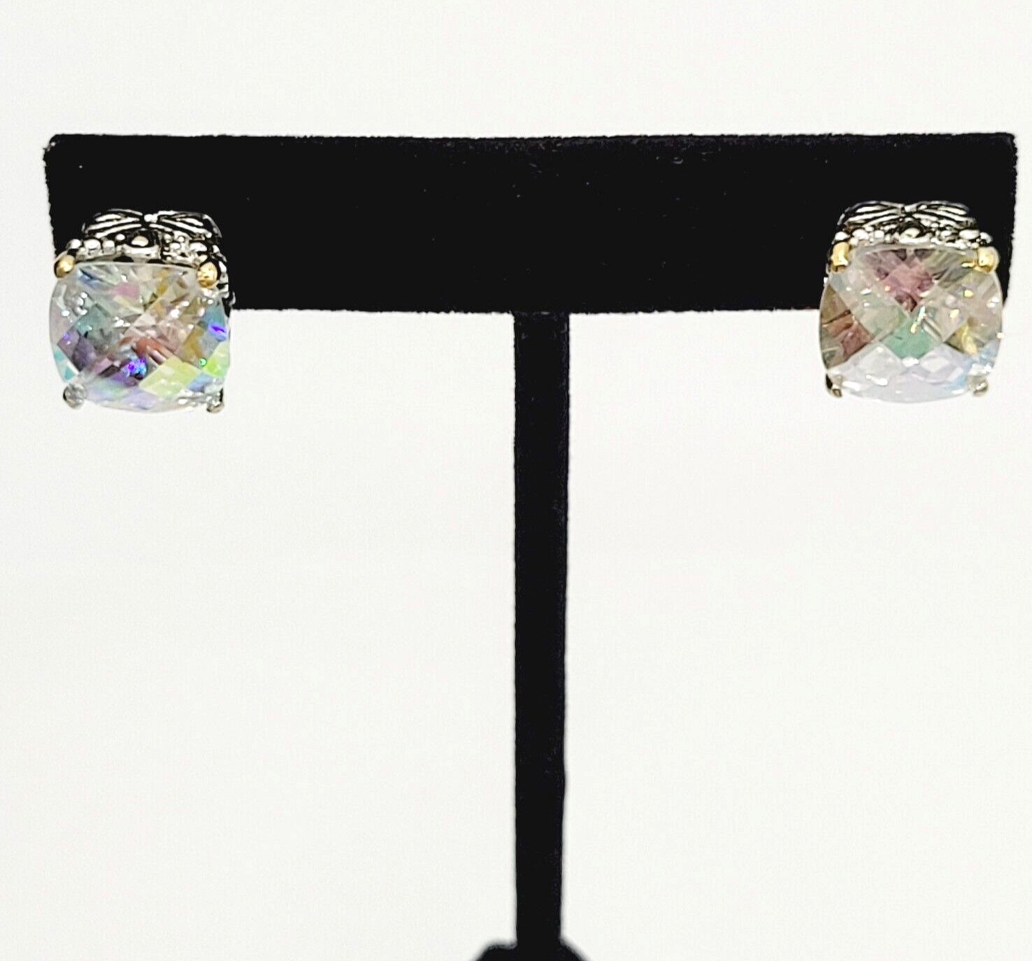 Modern Rainbow AB Crystal Square Stud Two Tone Ornate Frame Pierced Earrings
