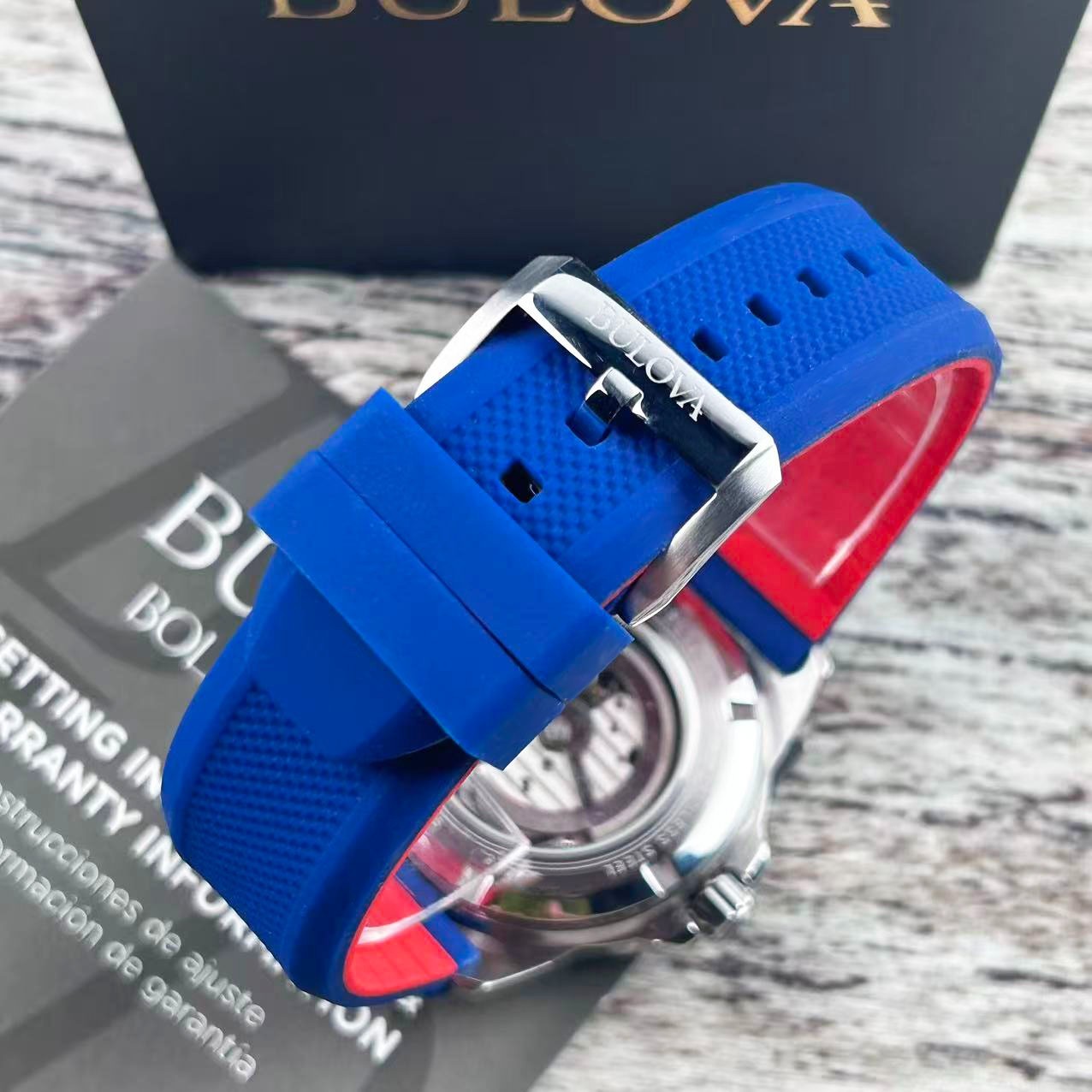 New Bulova Marine Star 98A225 Men’s Automatic Watch White Dial Blue Rubber Strap