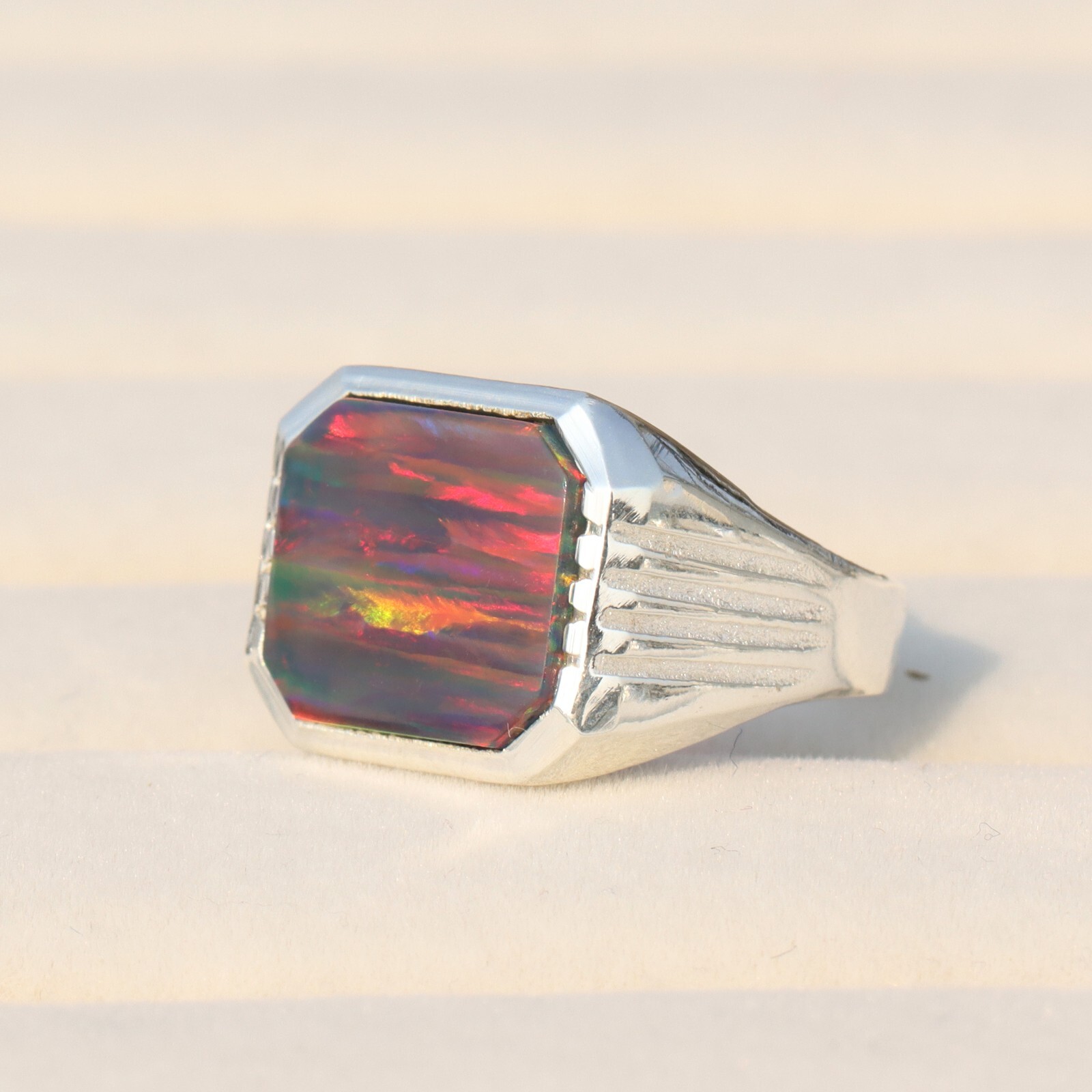 Flashy Black Fire Opal Ring, 925 Sterling Silver Signet Ring, Men’s Ring For Her