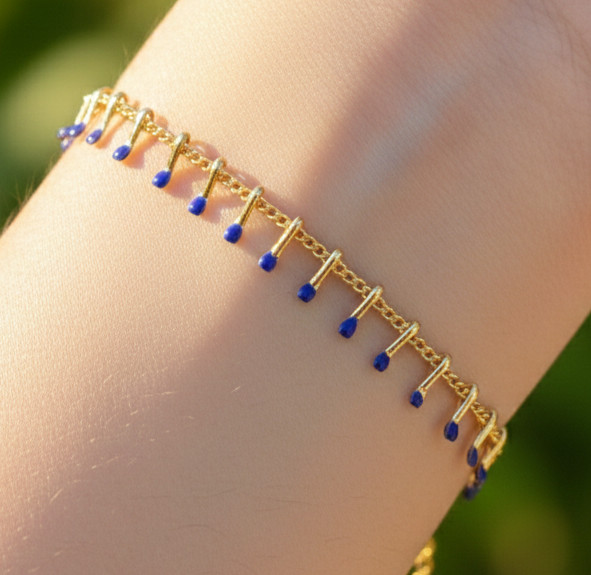 18K Gold Plated Brass Chain Bracelet Sapphire Blue Dangle Charms Boho Jewel