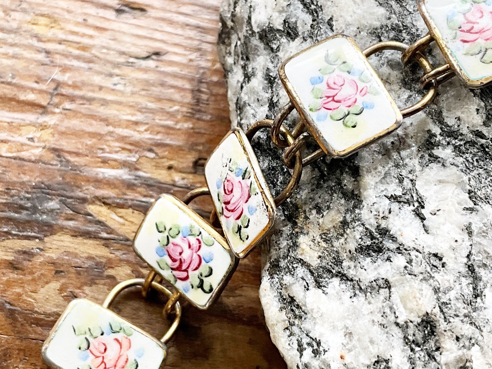 Vintage Bliss Brothers Co. Sterling Vermeil with Enamel PINK ROSES Bracelet