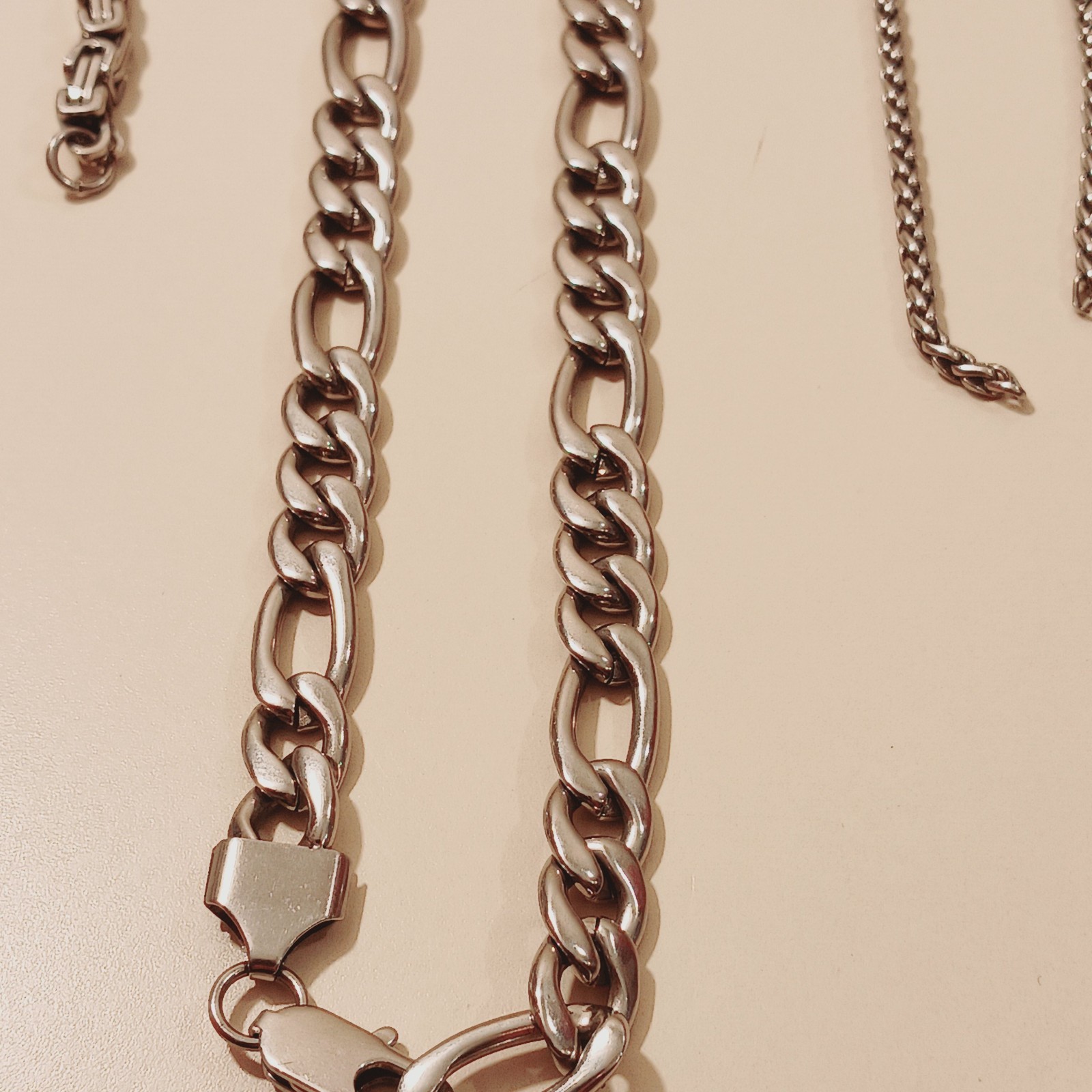 Stainless Steel Jewelry Set Lot: Byzantine Anklet 9″ Figaro Necklace 21″ Curb An