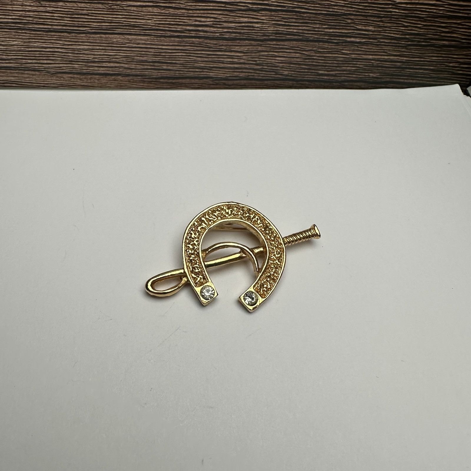 Vintage Gerry’s Rhinestone Horse Shoe With Riding Crop Brooch Pin Gold Tone