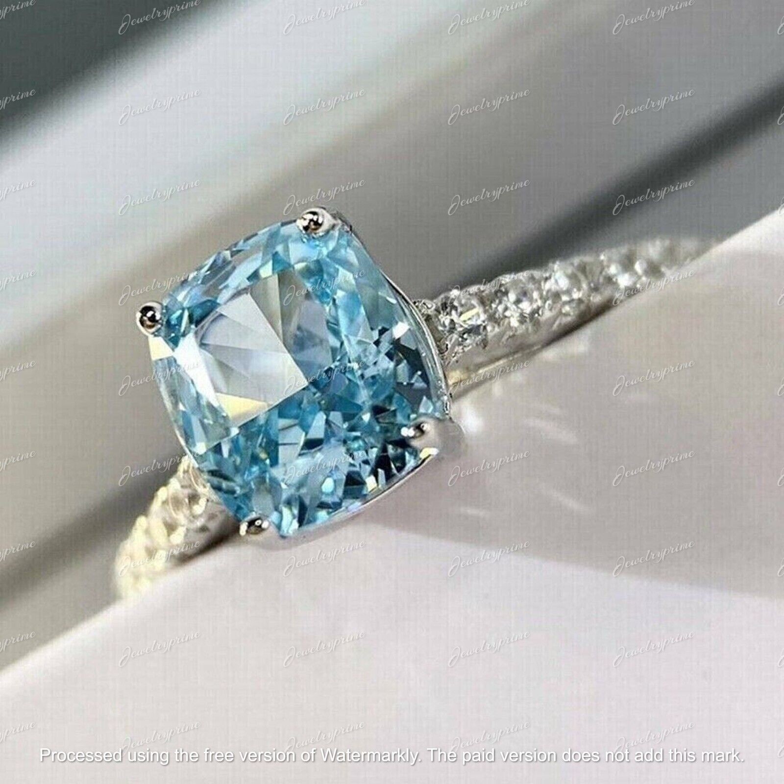 2.30CT Cushion Cut Lab Created Aquamarine Engagement Ring 14K White Gold Finish