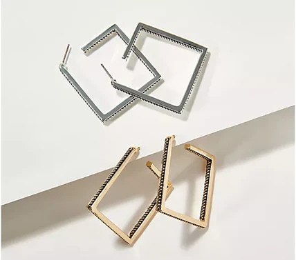 Joan Rivers Set of 2 Square Hoop Earrings, 1-3/8″L x 1/8″W