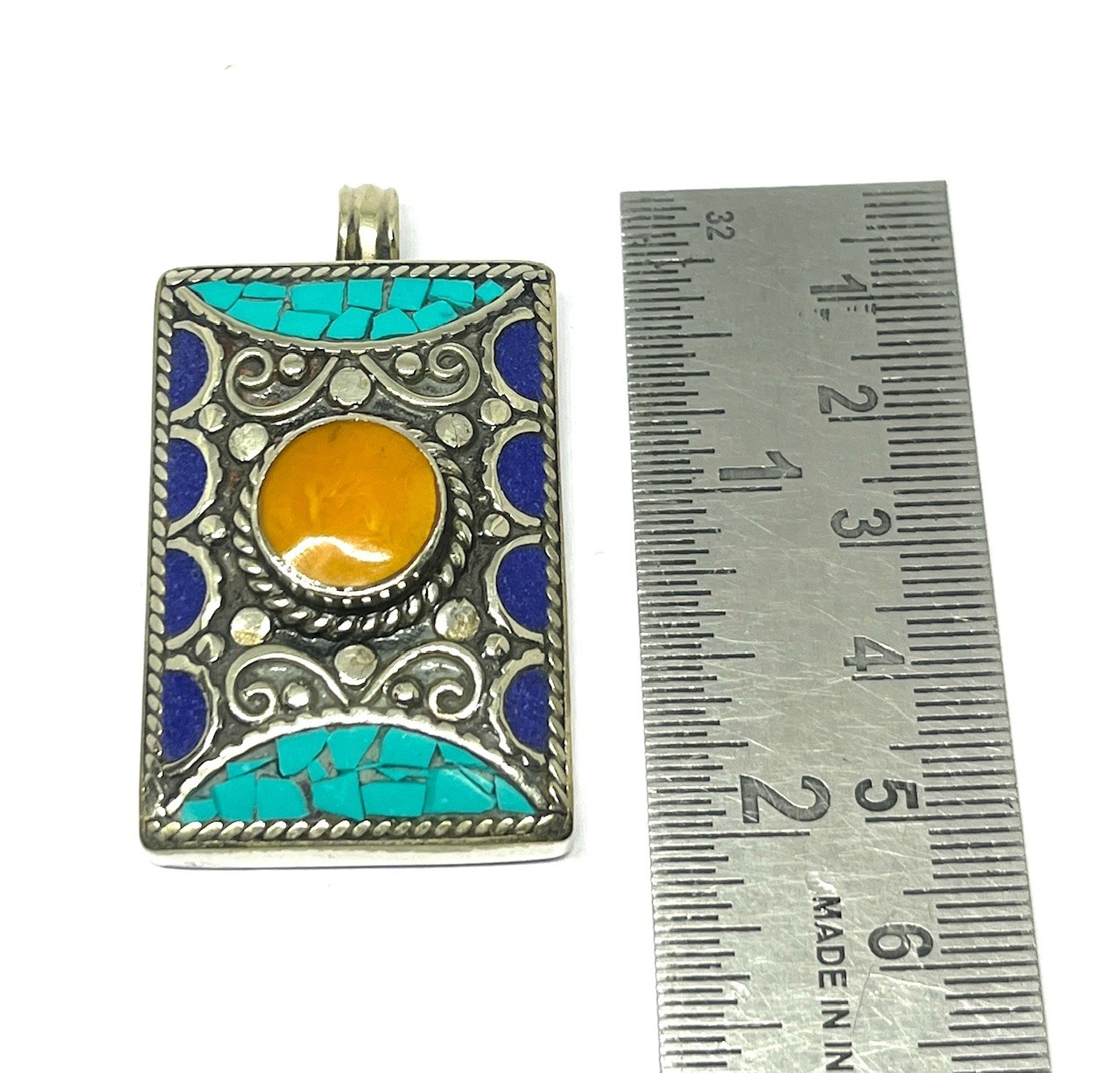 Turquoise Lapis Amber Gemstone Tibetan Statement Pendant Jewelry, 2.0 inch