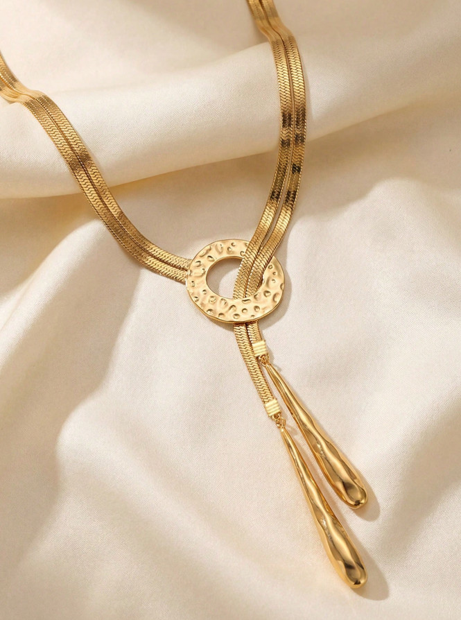 Summer Y-Shaped Tassel Necklace Gold Snake Chain Circle Pendant for Women