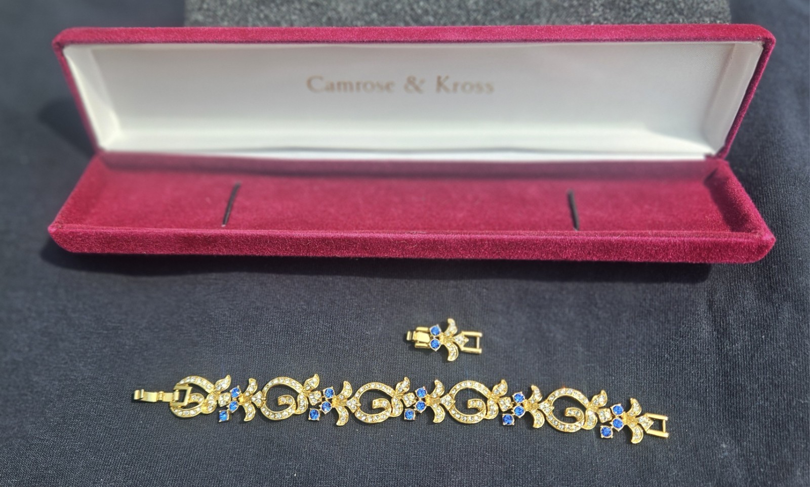 Camrose & Kross Gold Tone Link Charm Bracelet Blue & Clear Crystals w/ Box