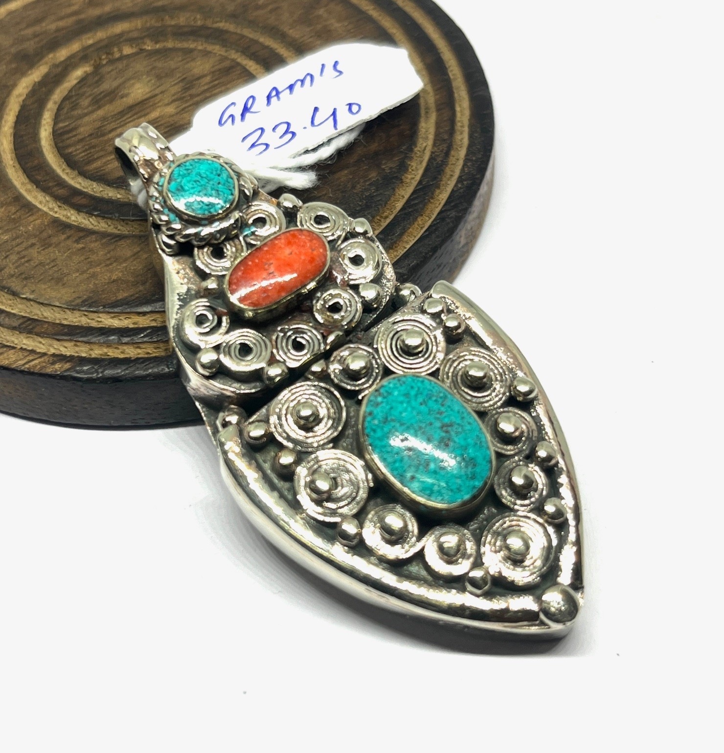 Ethnic Turquoise Coral Gemstone Tibetan Traditional Pendant Jewelry, 2.5 inc
