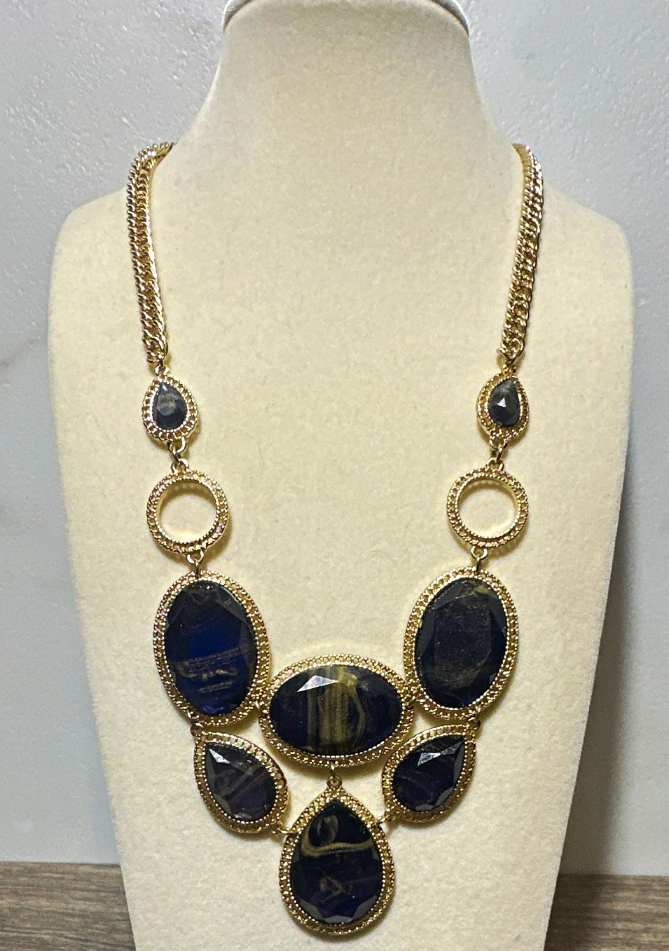 Gold Tone Blue & Gold Marble Faceted Oval Bezel Statement Necklace Adjustable