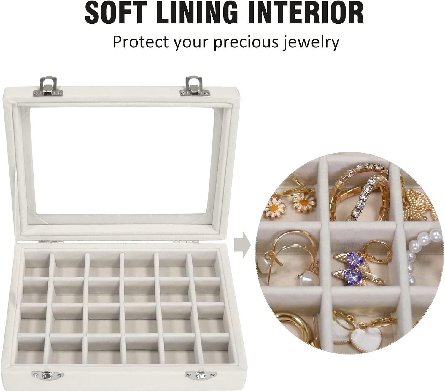 Portable Velvet Jewelry Box with Glass Lid – 24-Grid Holder for Accessories