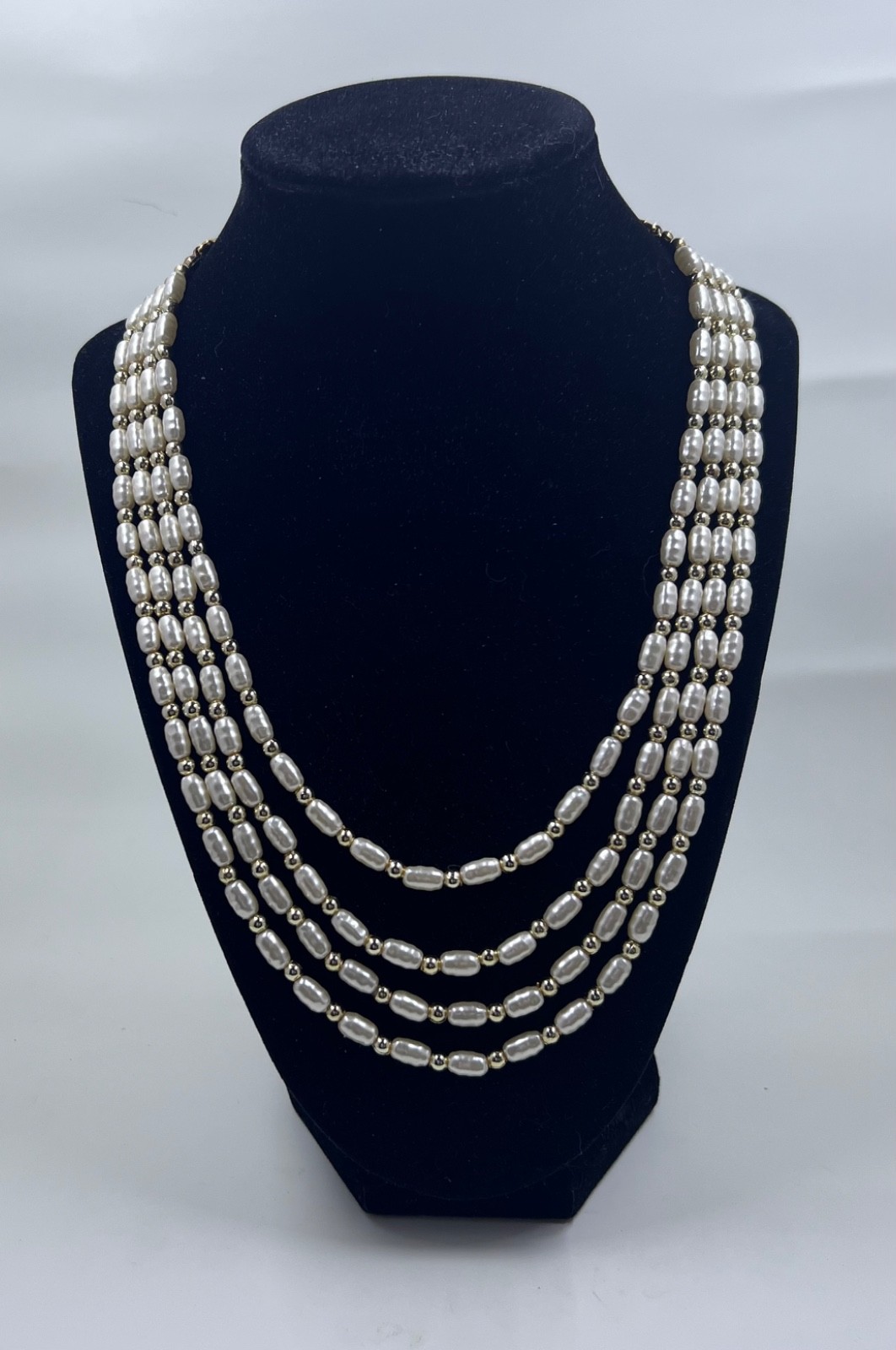 Vintage Multi-Strand Rice Pearl Style Necklace – 4 Strand Layered Cream and Gold