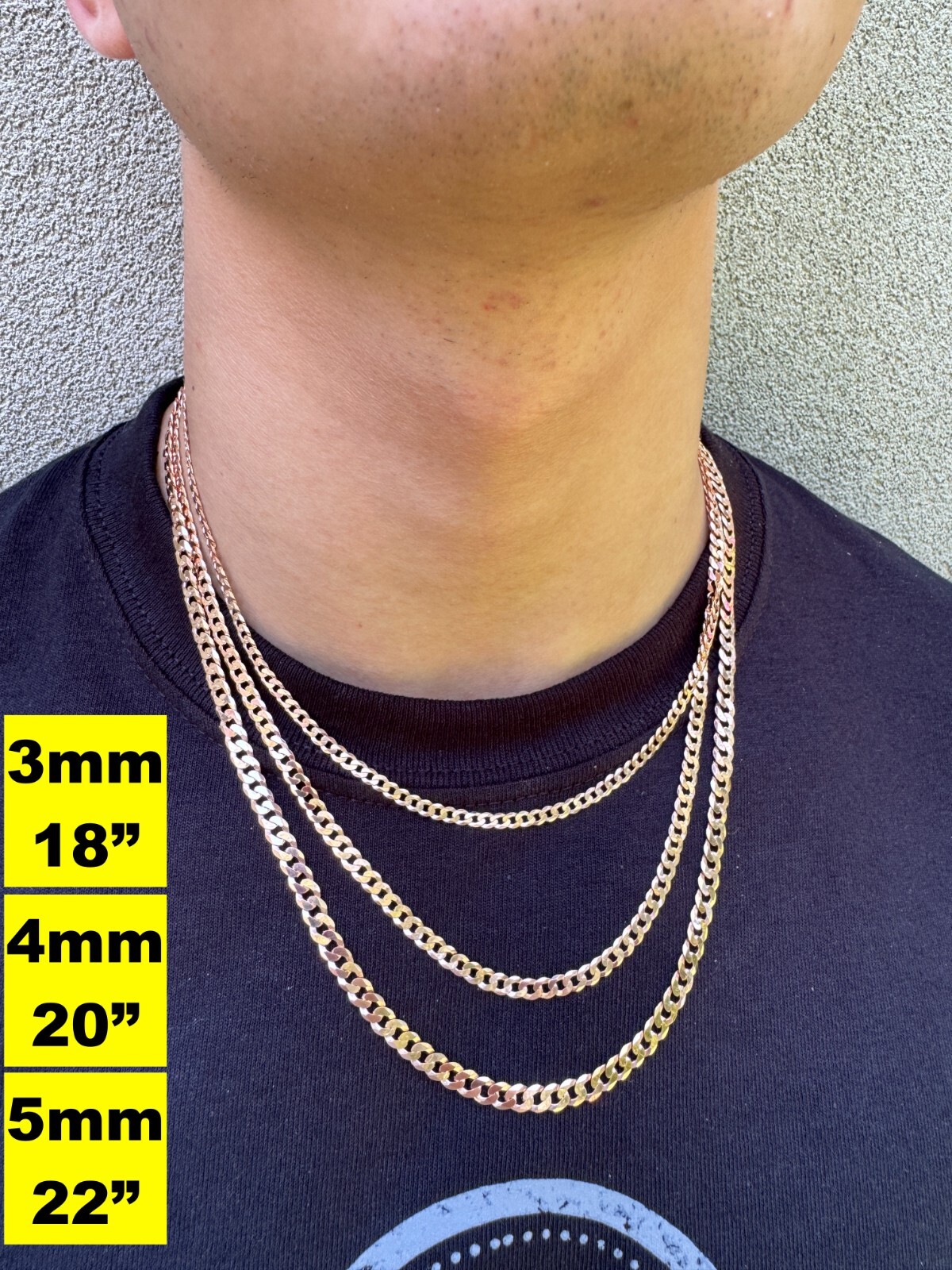 14k Rose Gold Plated REAL Solid 925 Silver Flat Cuban Link Chain Necklace 3-8mm
