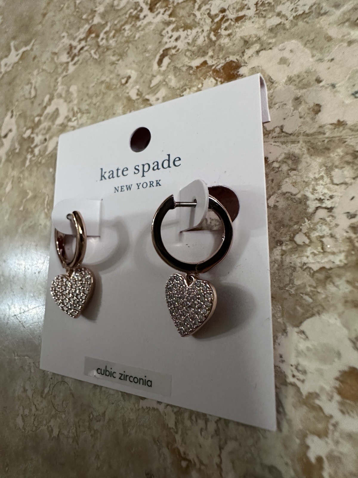 Kate Spade Rose Gold Hoop Earrings Heart Dangle Pavé CZ