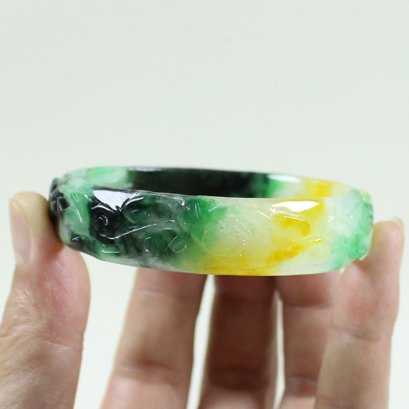 61mm Real Natural Ice Multicolor Burmese Jade jadeite Carving Bracelet Bangle